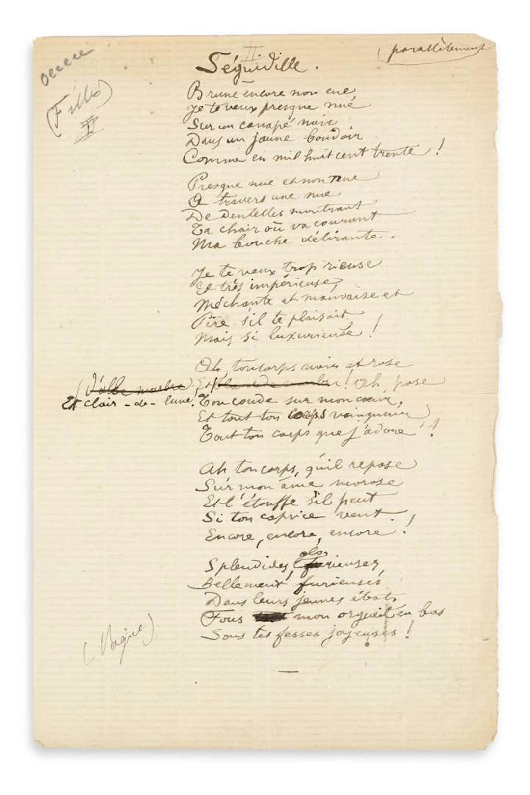 VERLAINE, Paul (1844–1896)., Autograph POEM, Séguidille, [1886]; 1