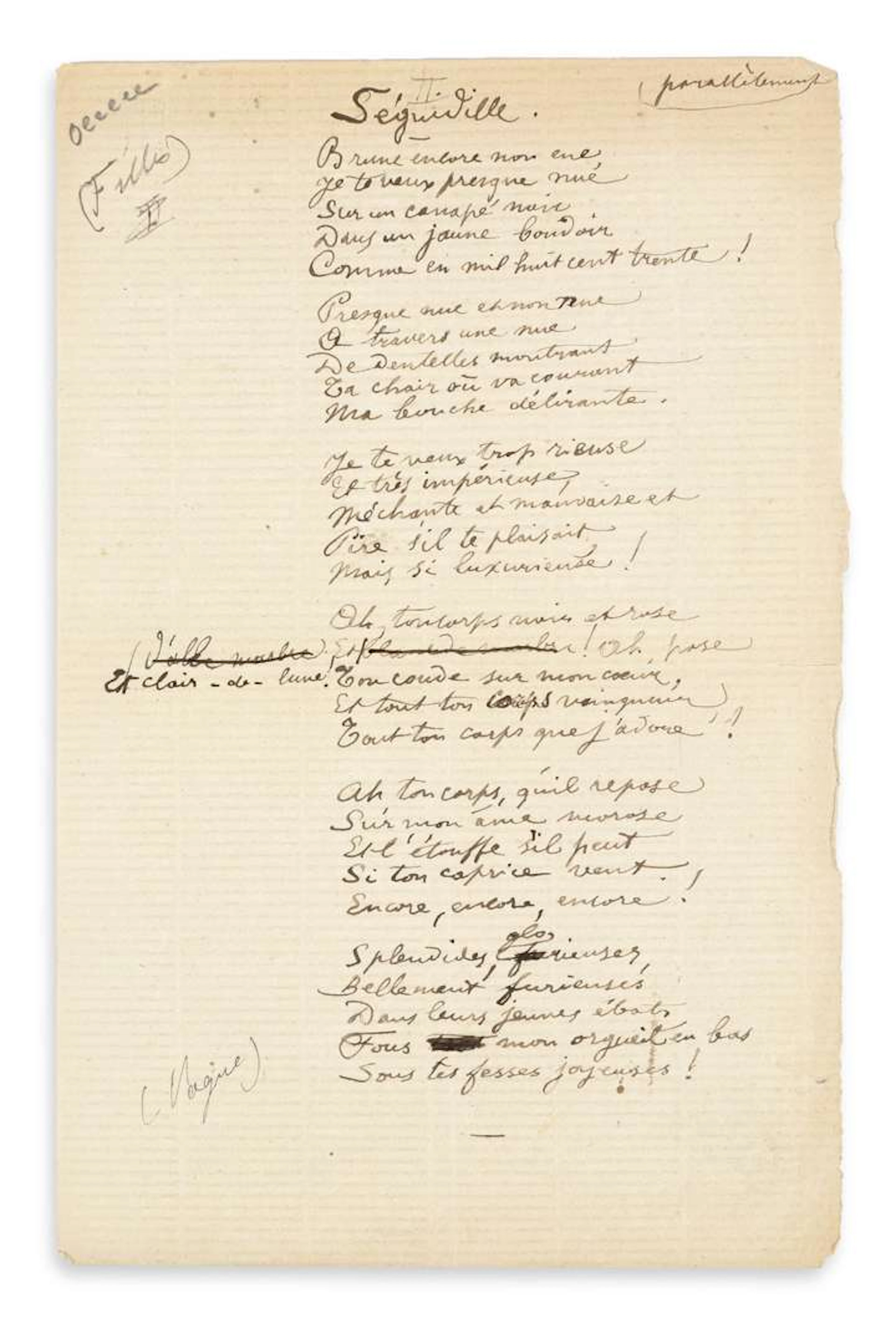 VERLAINE, Paul (1844–1896)., Autograph POEM, Séguidille, [1886]; 1