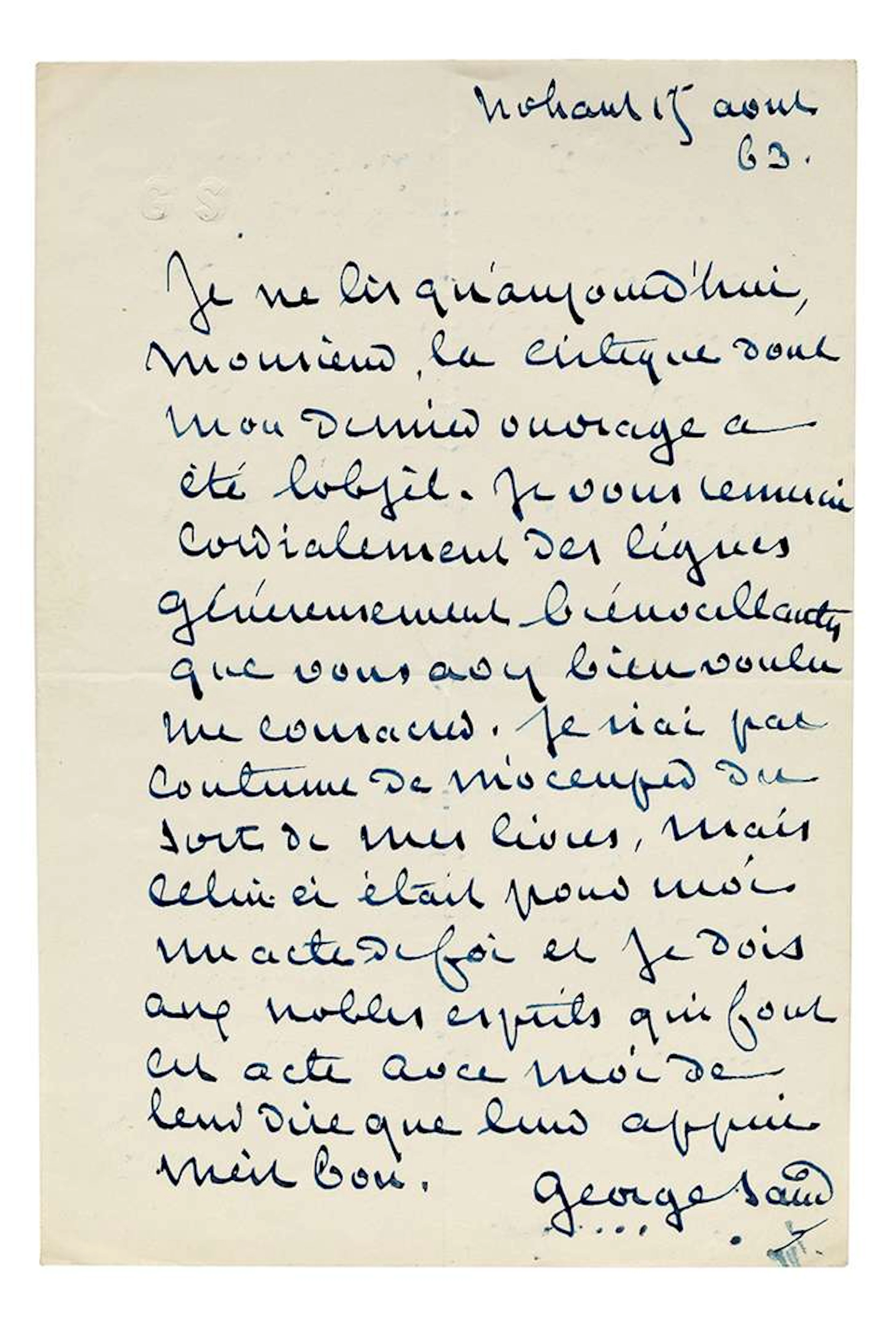 SAND, George (1804–1876)., L.A.S. ‘George Sand’, Nohant, 15 August
