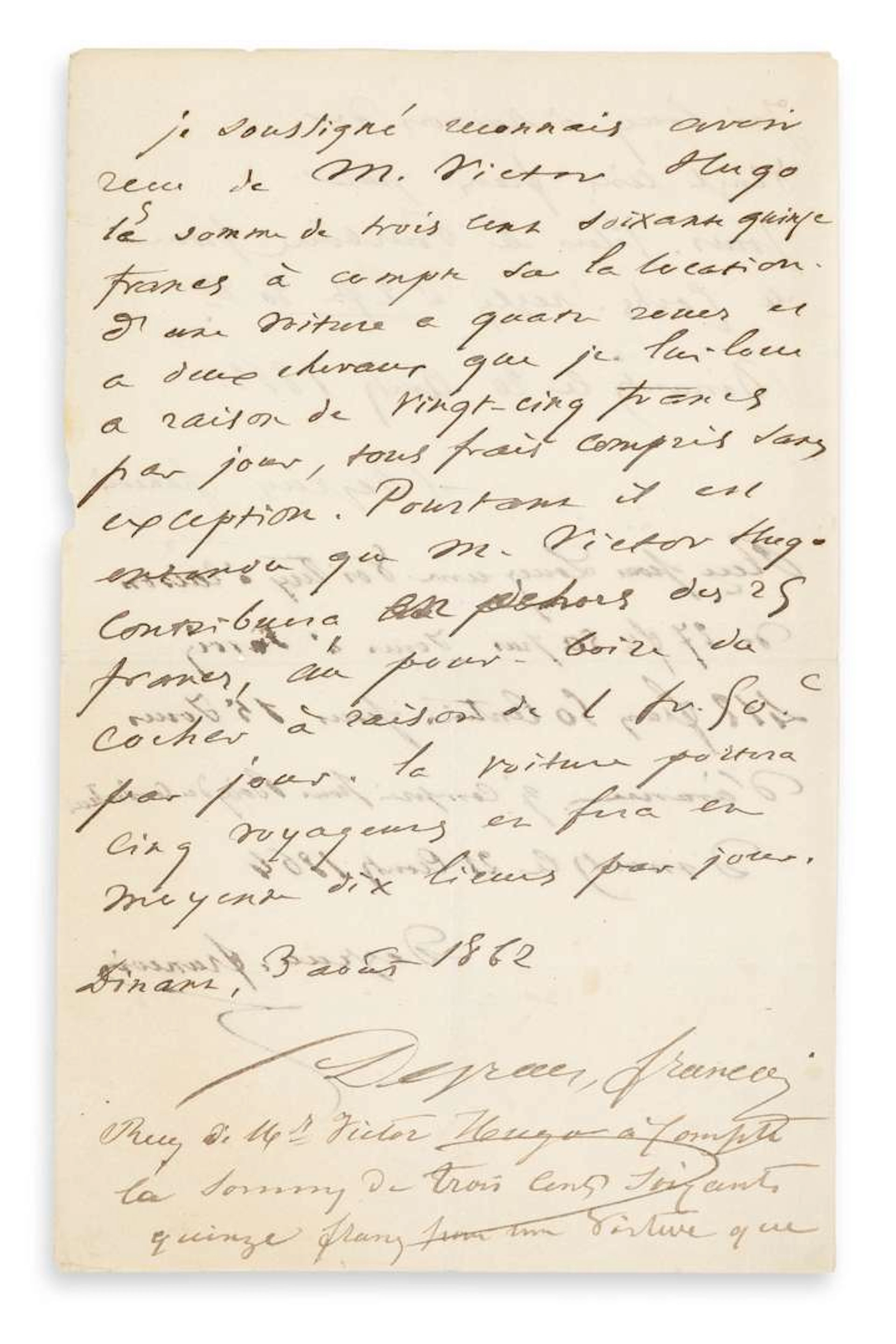 HUGO, Victor (1802–1885)., Signed in the text, Dinant, 3 August 1862;