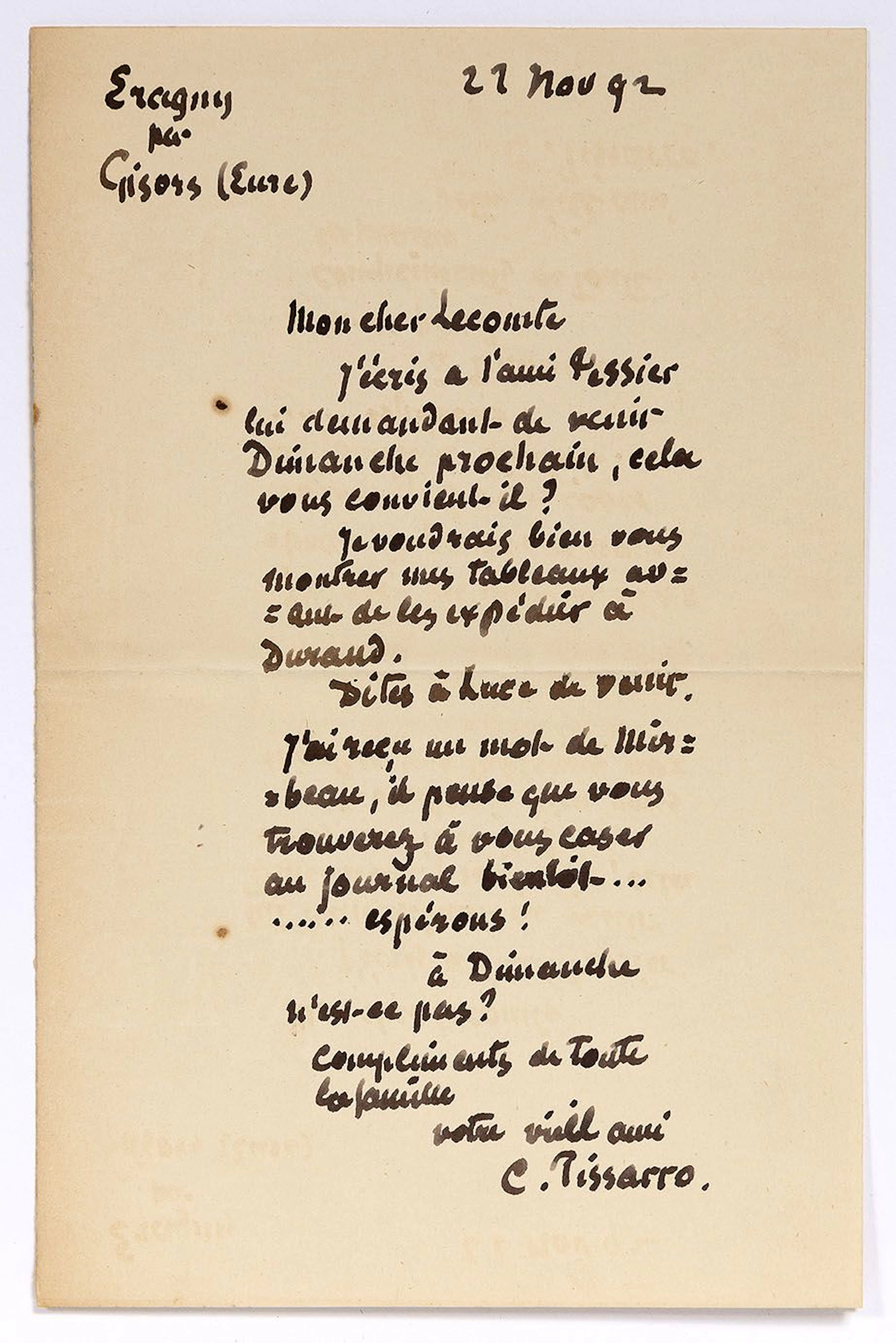 PISSARRO Camille (1830-1903), L.A.S. "C. Pissarro", Eragny. - Lot 232