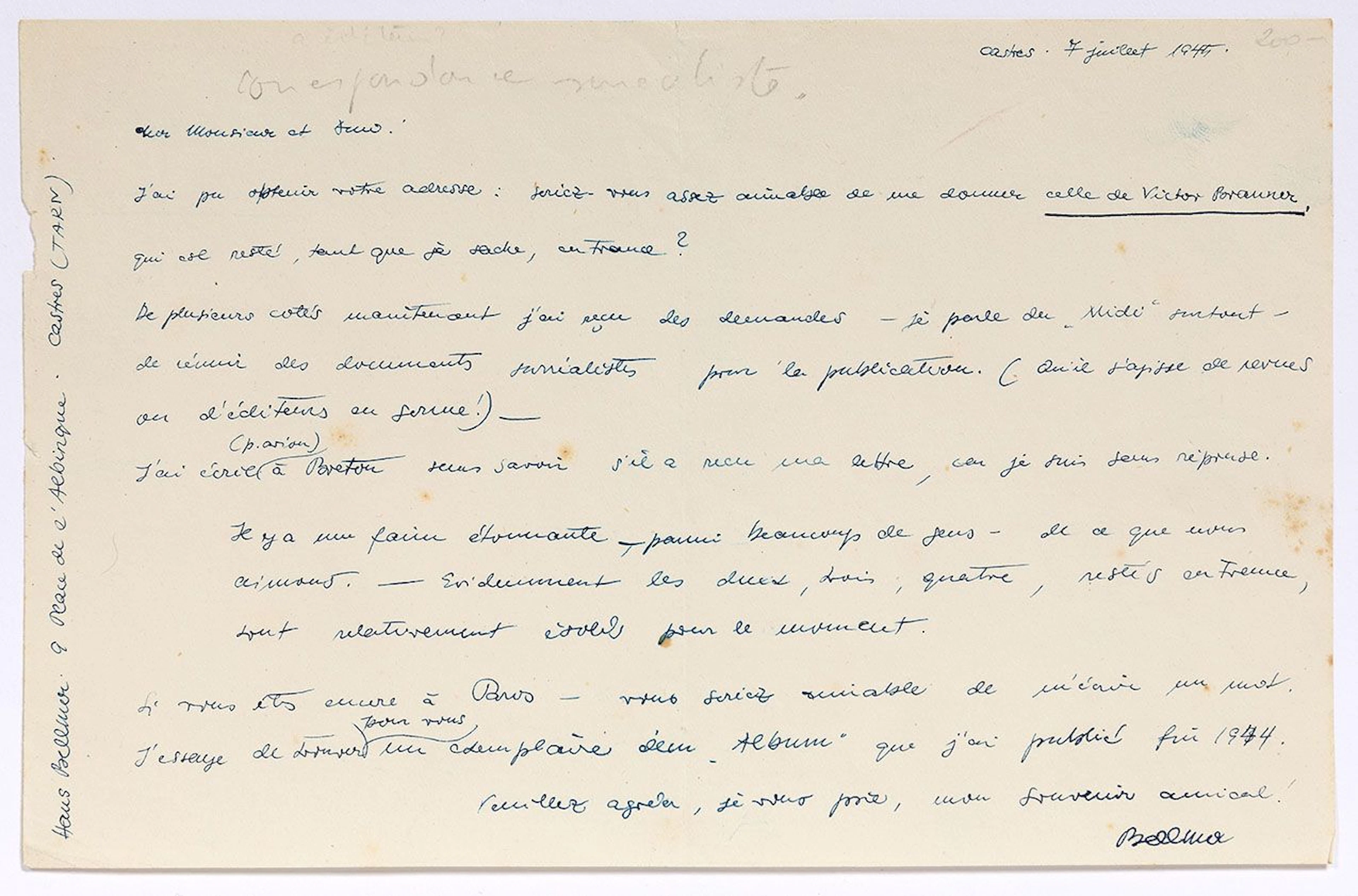 BELLMER Hans (1902-1975). L.A.S. "Bellmer", Castres July 7, - Lot 161