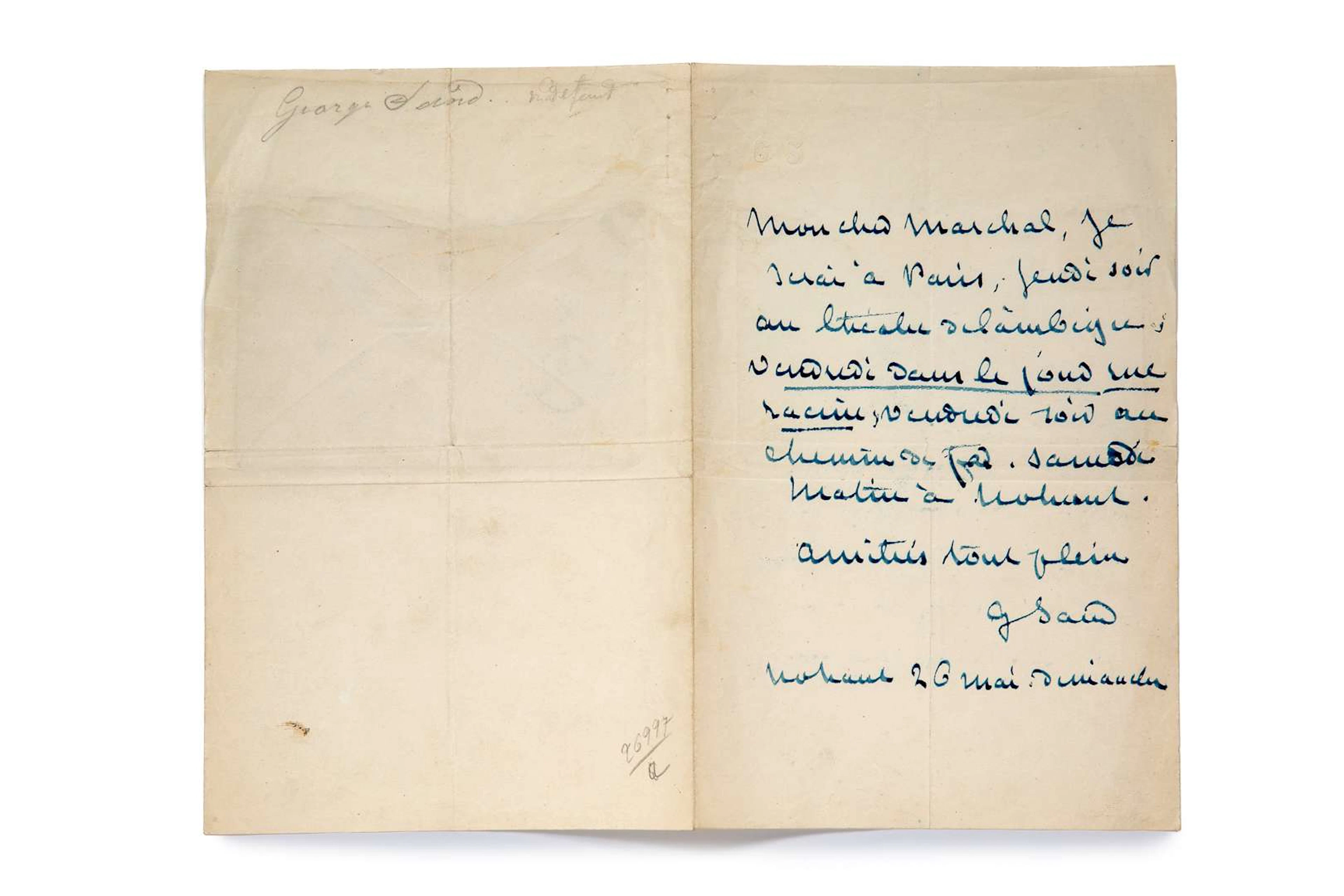 SAND, George (1804–1876)., L.A.S. ‘G. Sand’, Nohant, 26 May [1862]