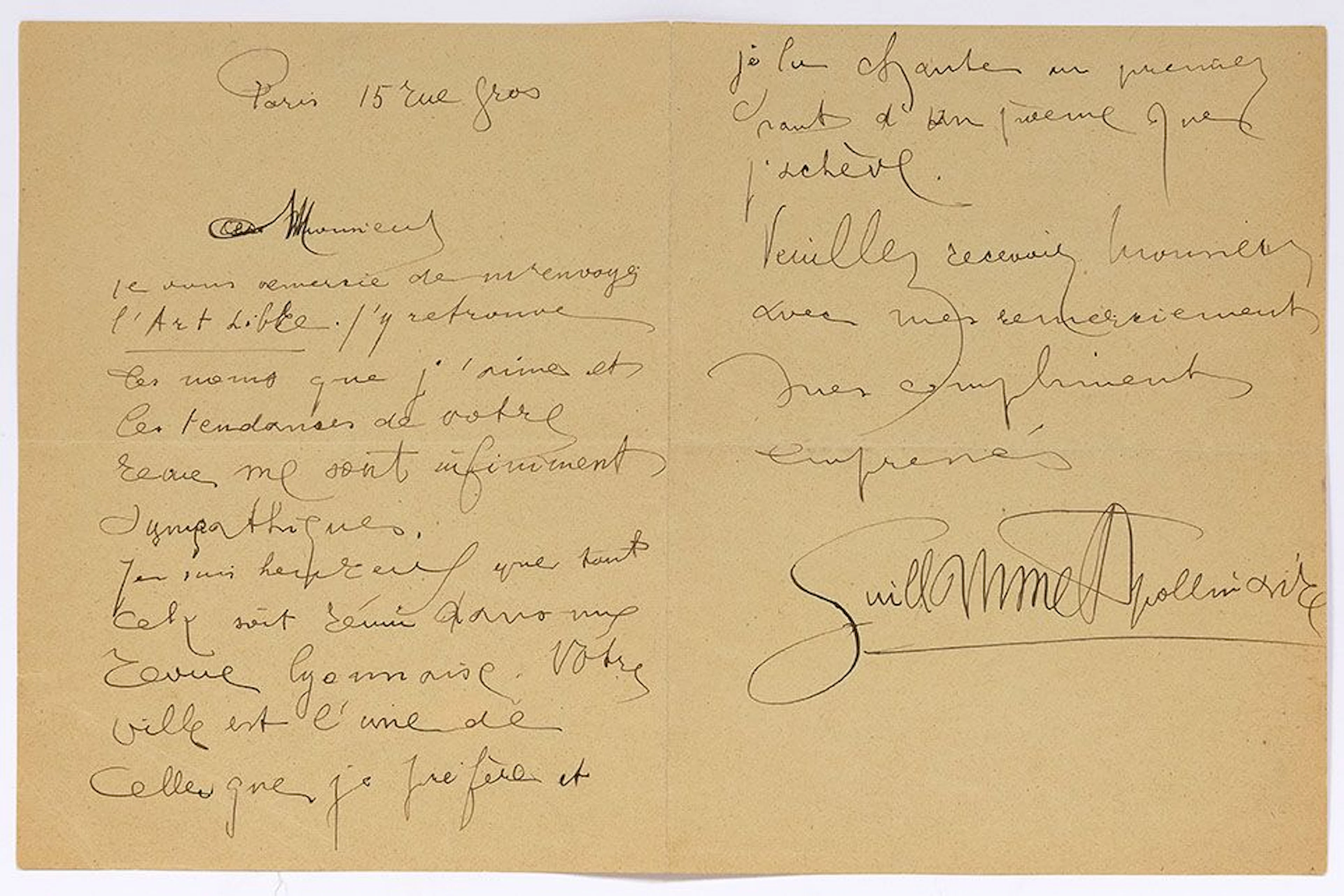 APOLLINAIRE Guillaume (1880-1918). L.A.S. "Guillaume Apollin - Lot 516