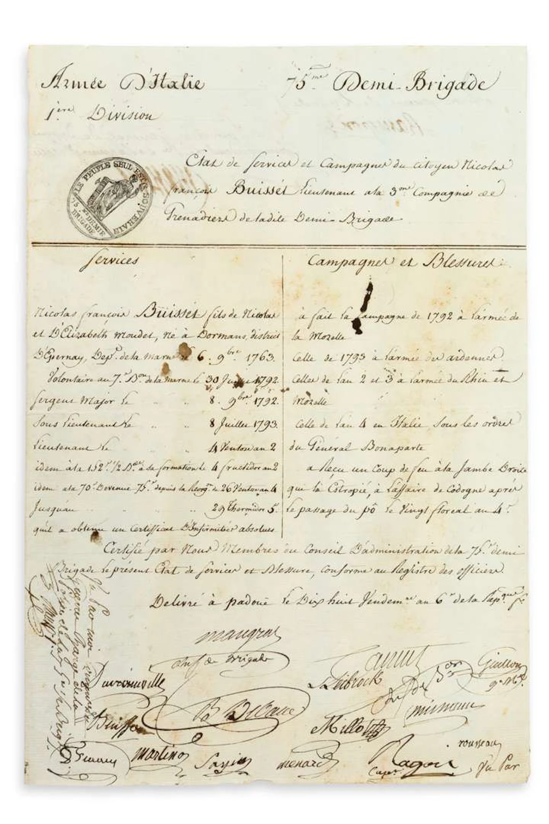 MASSENA, André (1758–1817)., P.S. ‘Massena’, Padua, 18 Vendémiaire