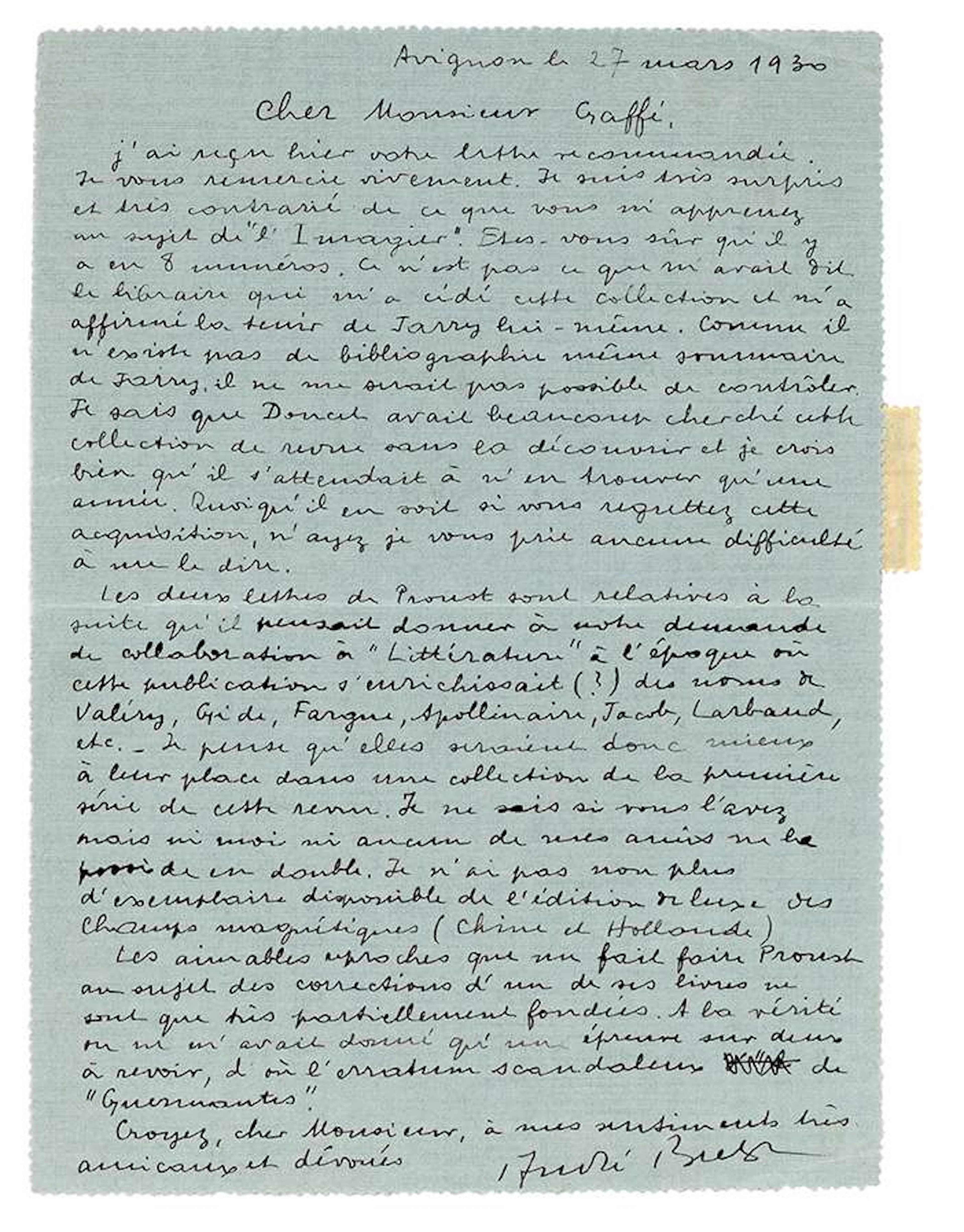 André BRETON (1896–1966)., L.A.S. ‘André Breton’, Avignon, 27 March