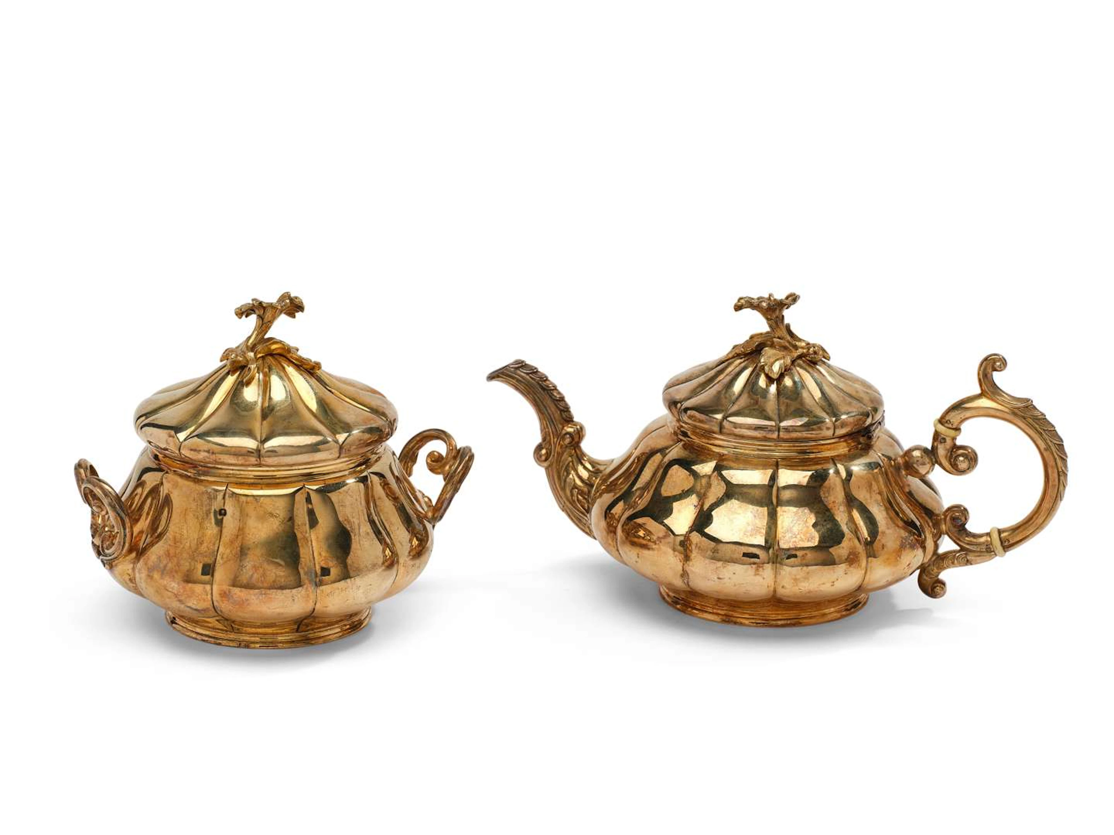 VERMEIL TEA POT AND SUGAR BOWL