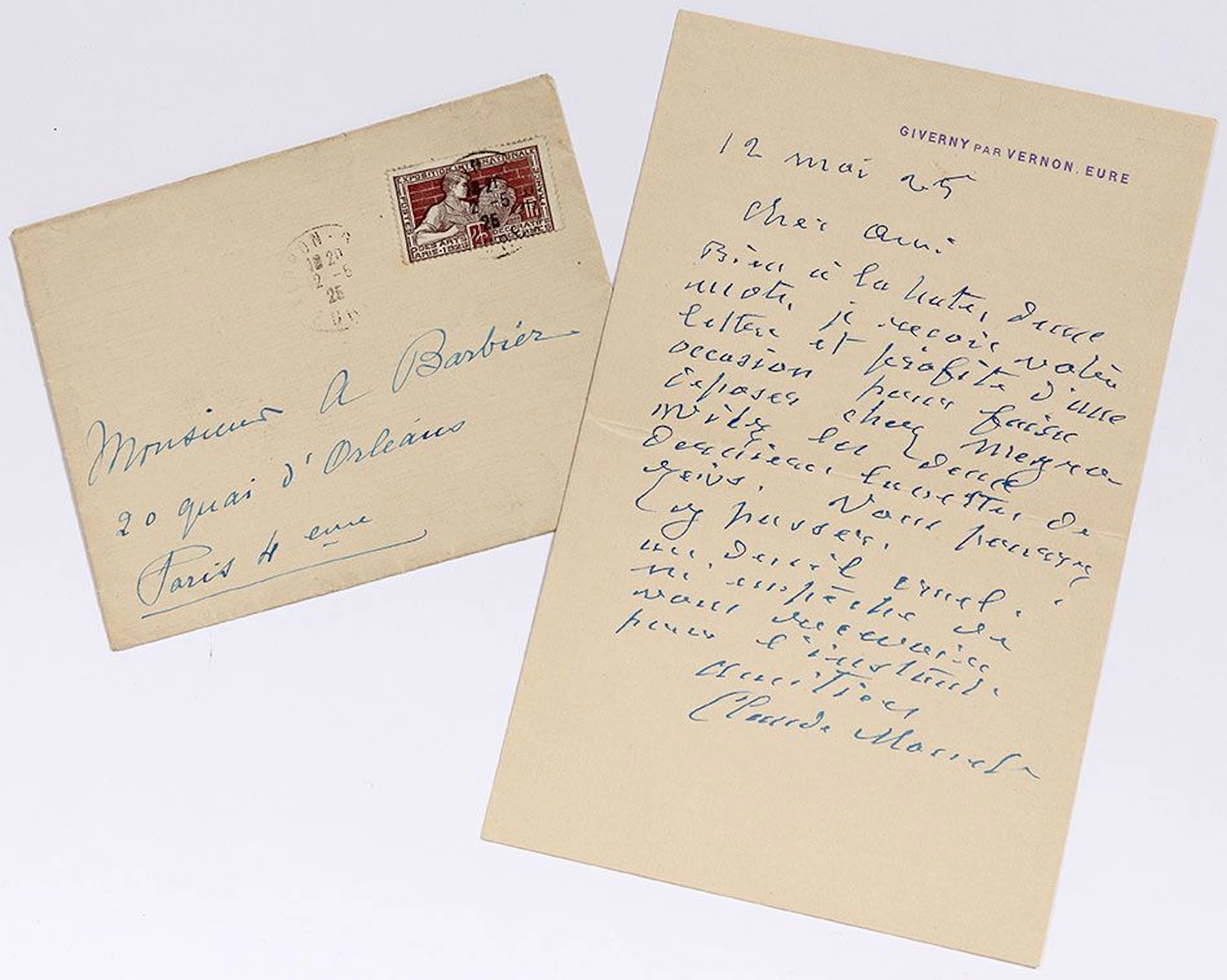 MONET Claude (1840-1926). L.A.S. "Claude Monet", Giverny May - Lot 224