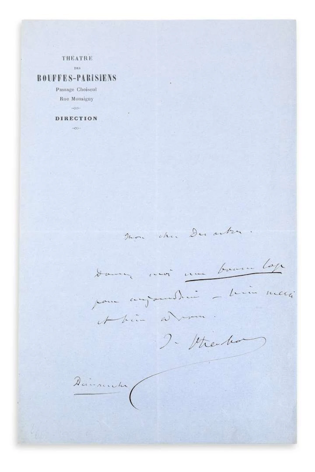 Jacques OFFENBACH (1819–1880)., L.A.S. ‘J. Offenbach’, Sunday, to