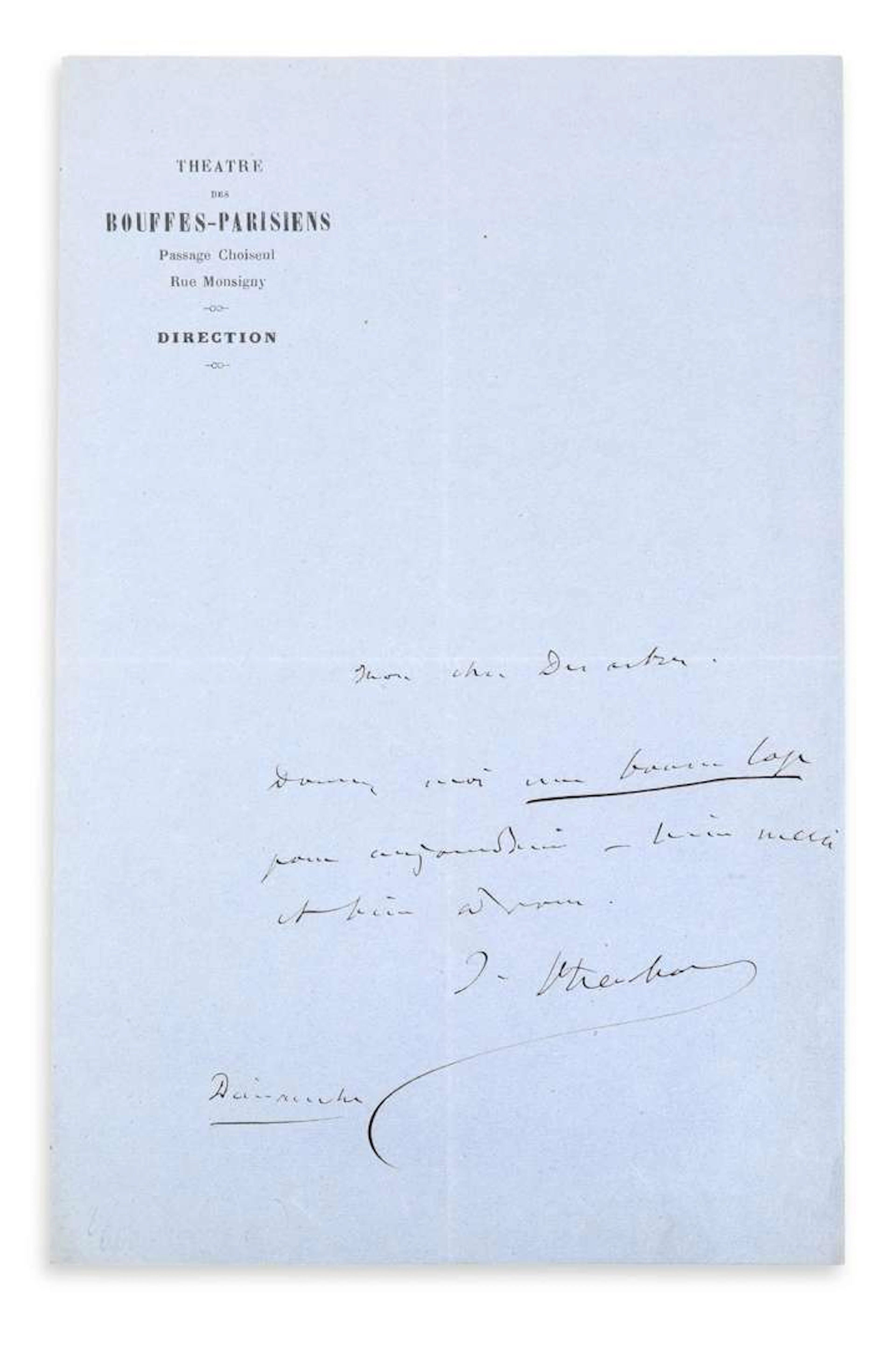 Jacques OFFENBACH (1819–1880)., L.A.S. ‘J. Offenbach’, Sunday, to