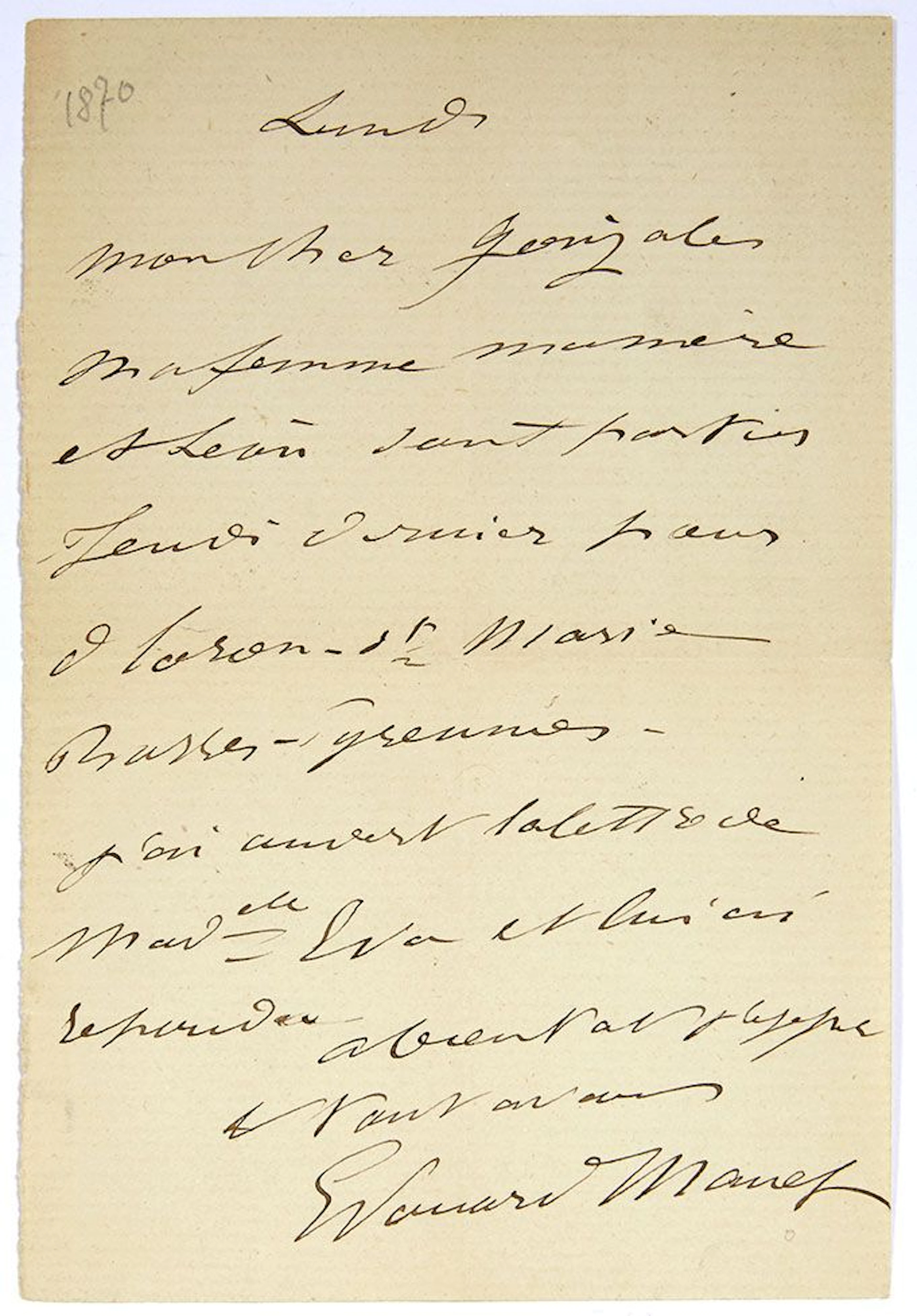 MANET Édouard (1832-1883). L.A.S. "Edouard Manet", Monday [S - Lot 204