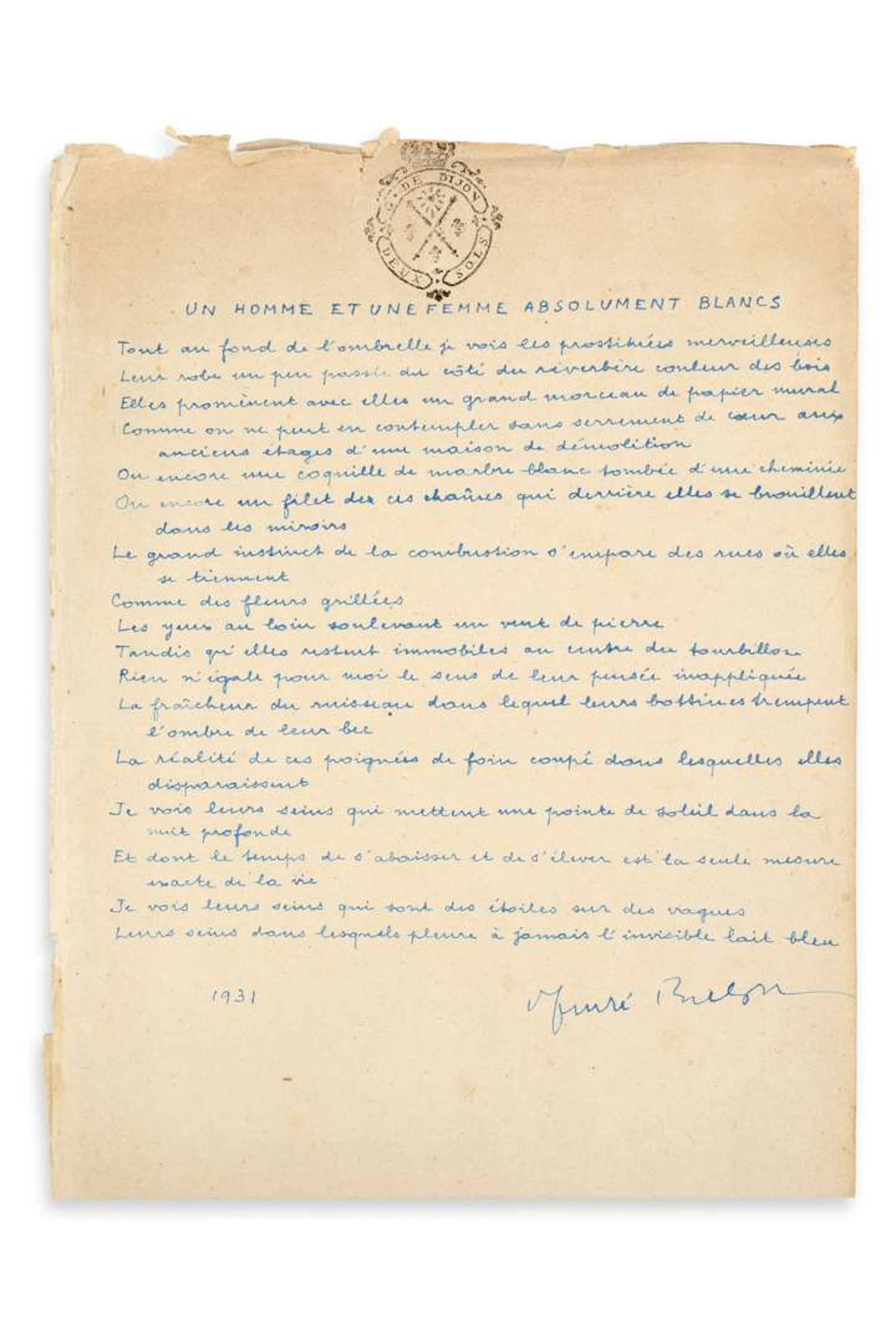 André BRETON (1896–1966)., POEM, autograph signed ‘André Breton’