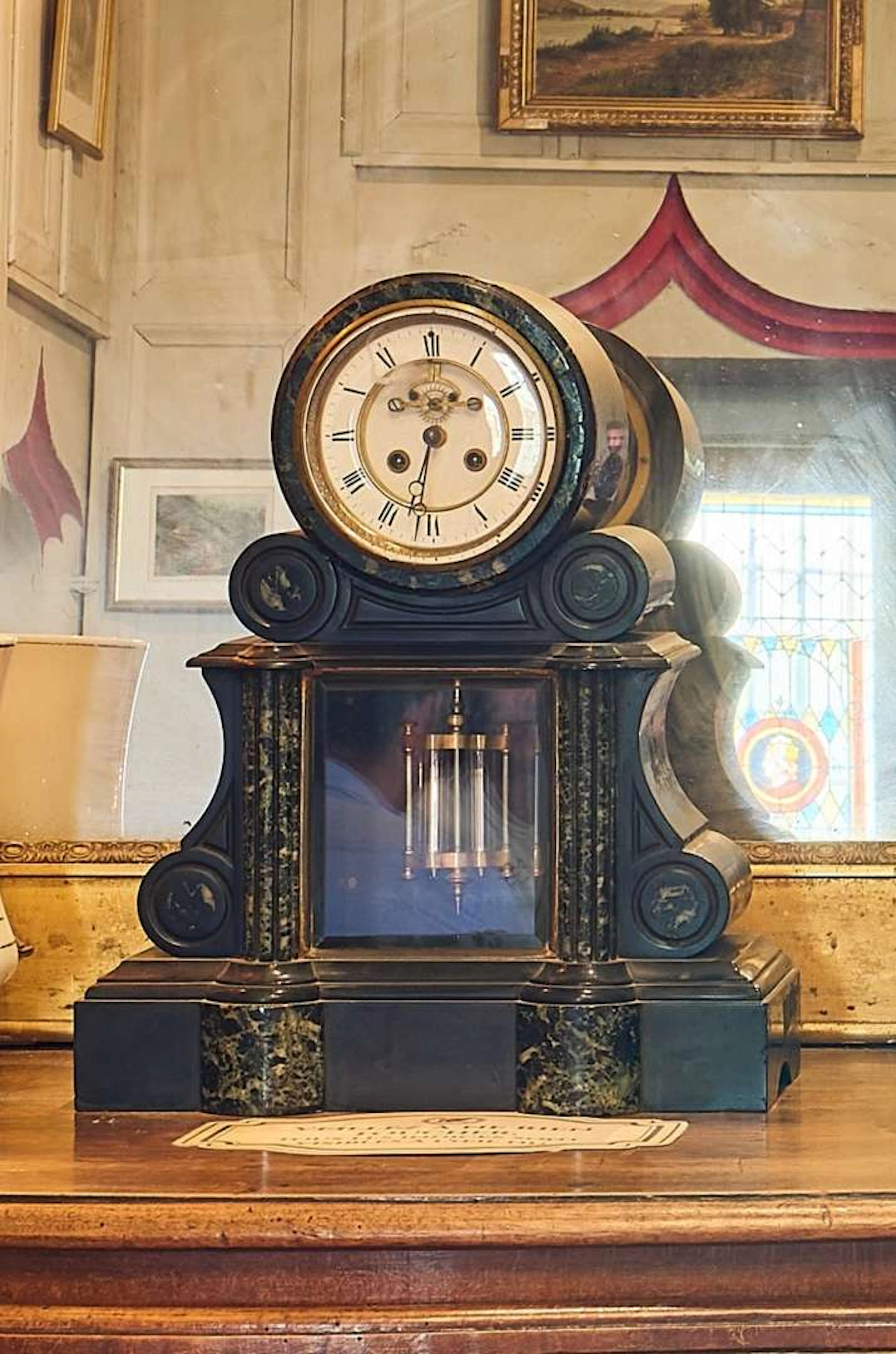 Clock, in black and sea-green marble