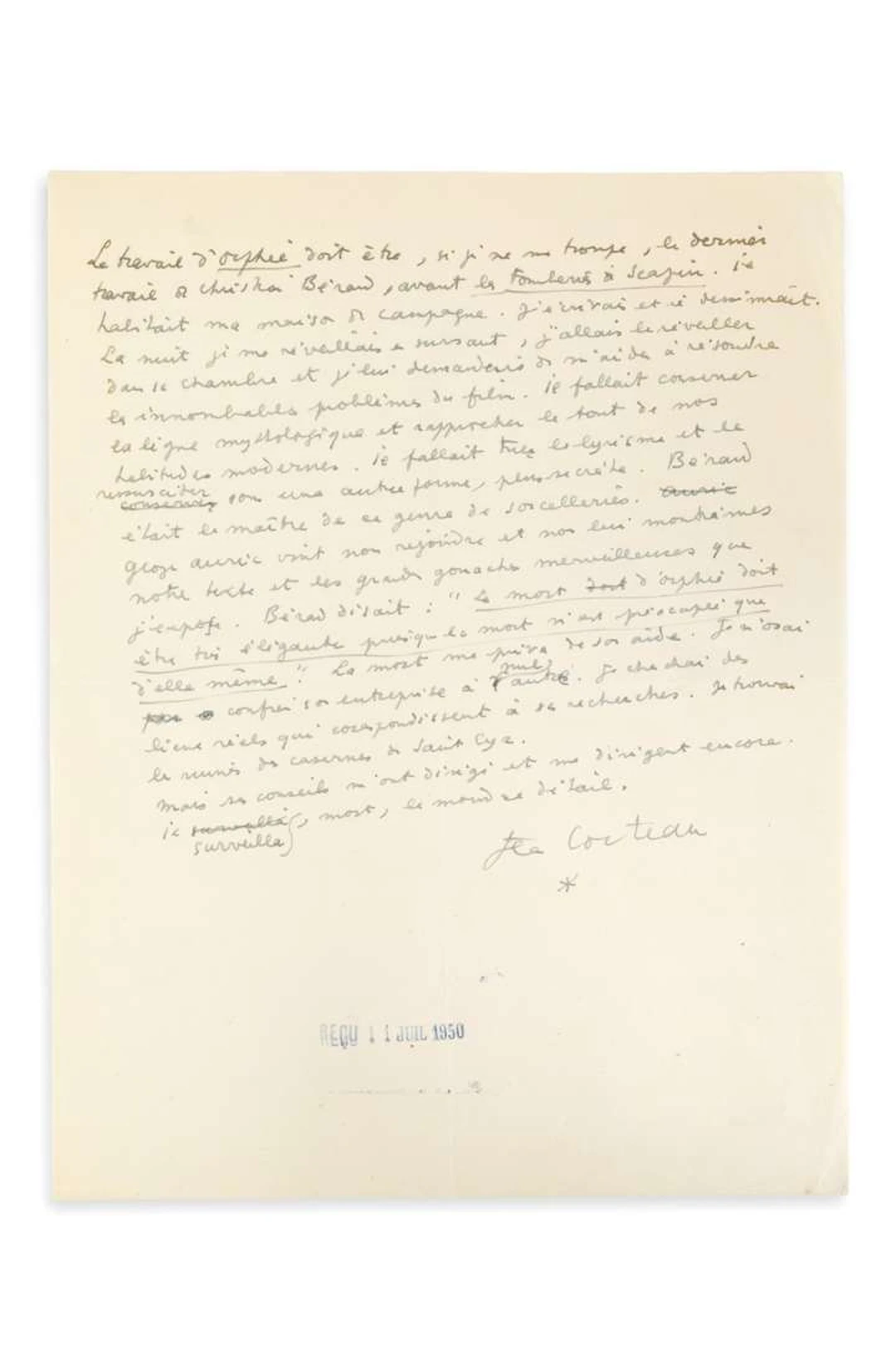 COCTEAU, Jean (1889–1963)., Autograph manuscript signed ‘Jean Cocteau’