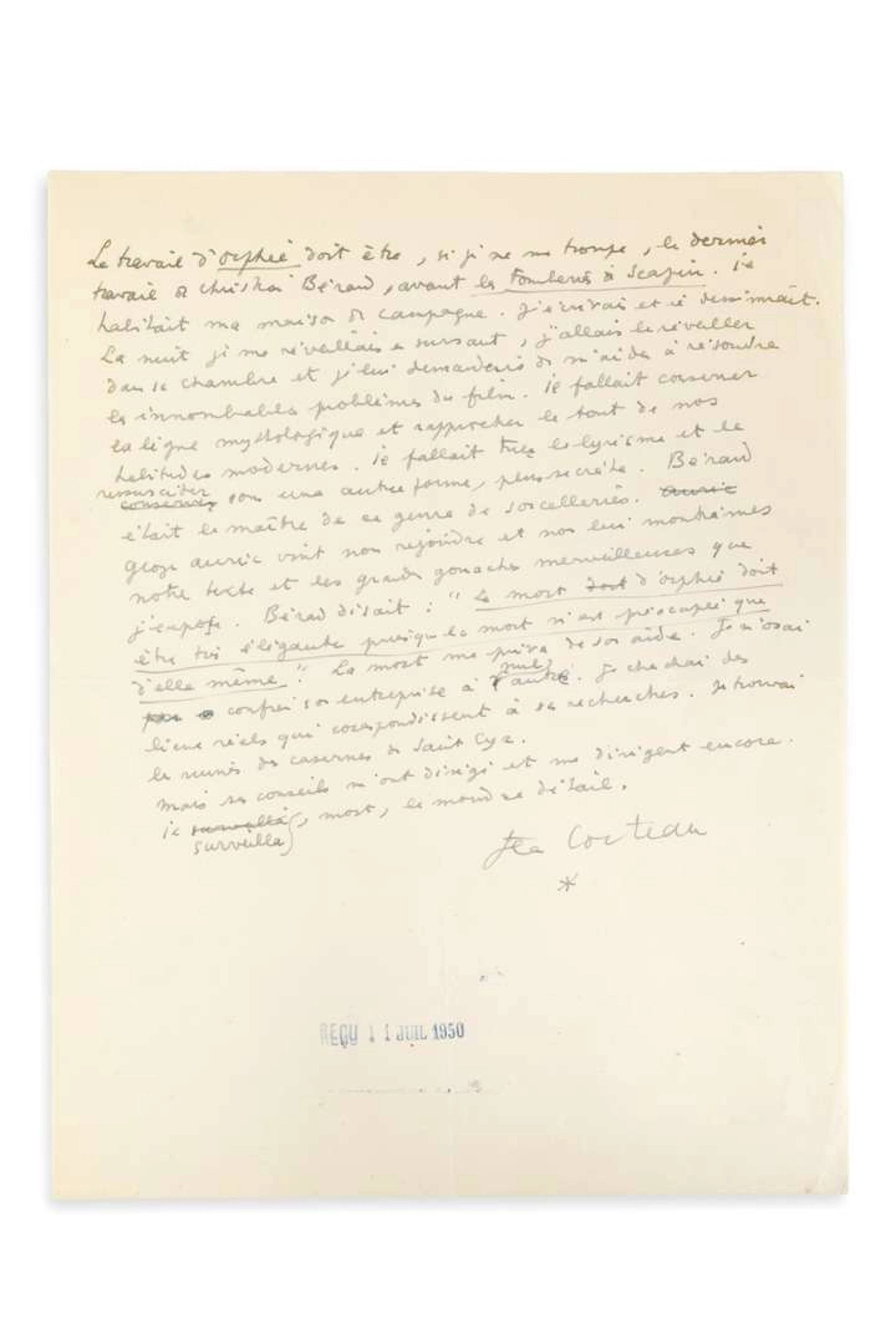 COCTEAU, Jean (1889–1963)., Autograph manuscript signed ‘Jean Cocteau’