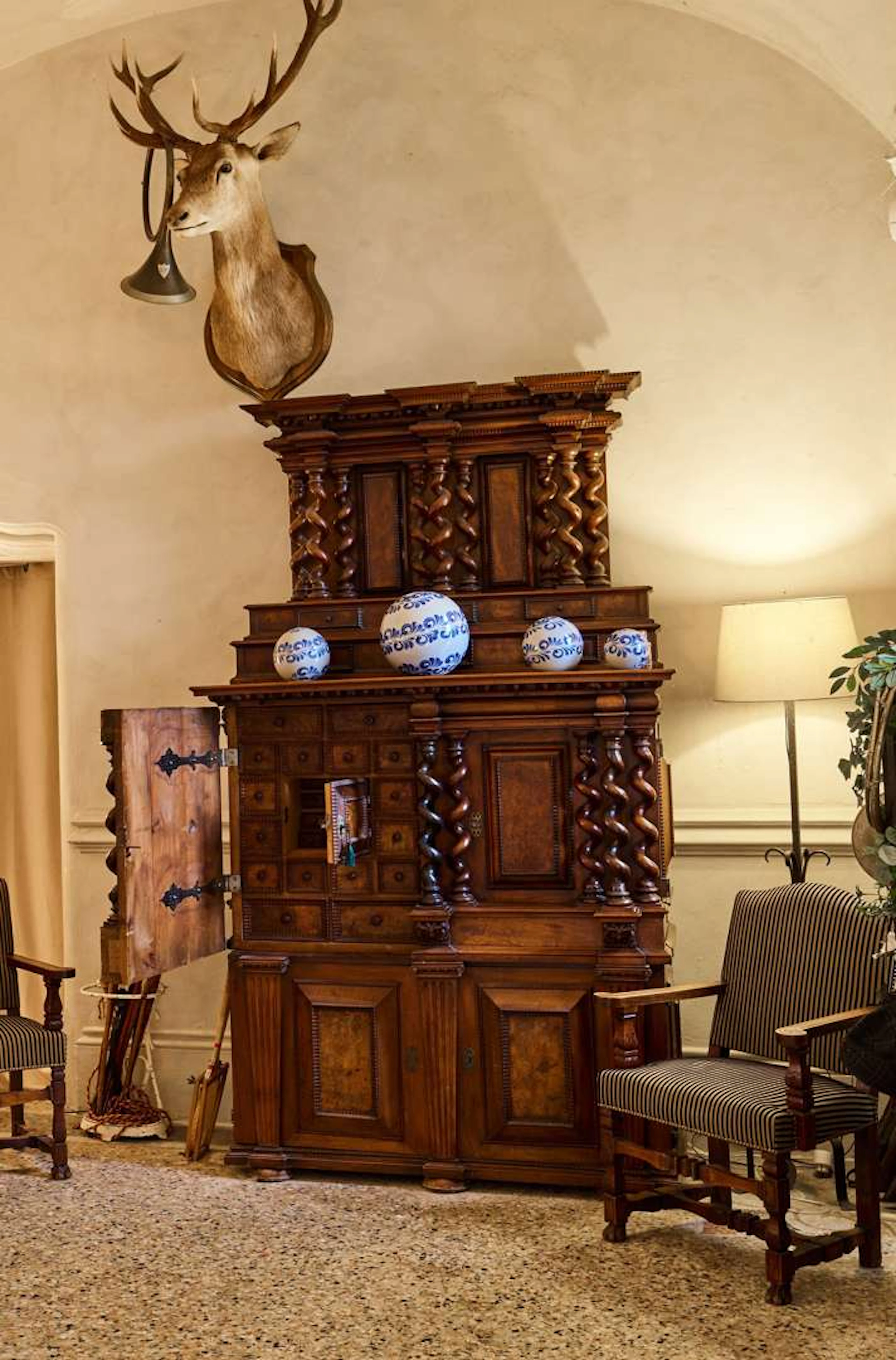 Impressive sideboard, consisting of two moulded and fluted wooden sections