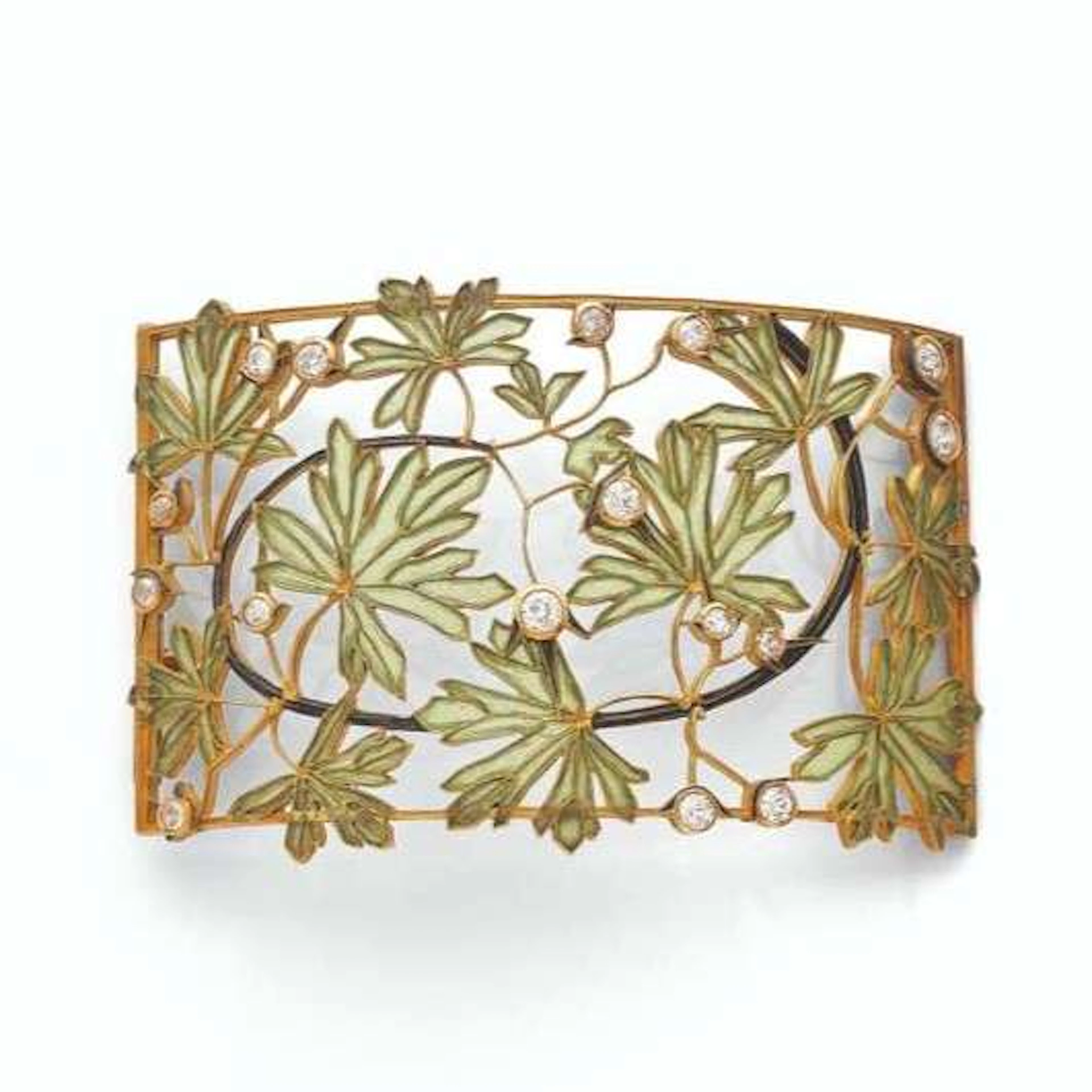 RENÉ LALIQUE, "Hawthorn Leaves" dog collar tag, worn as a brooch