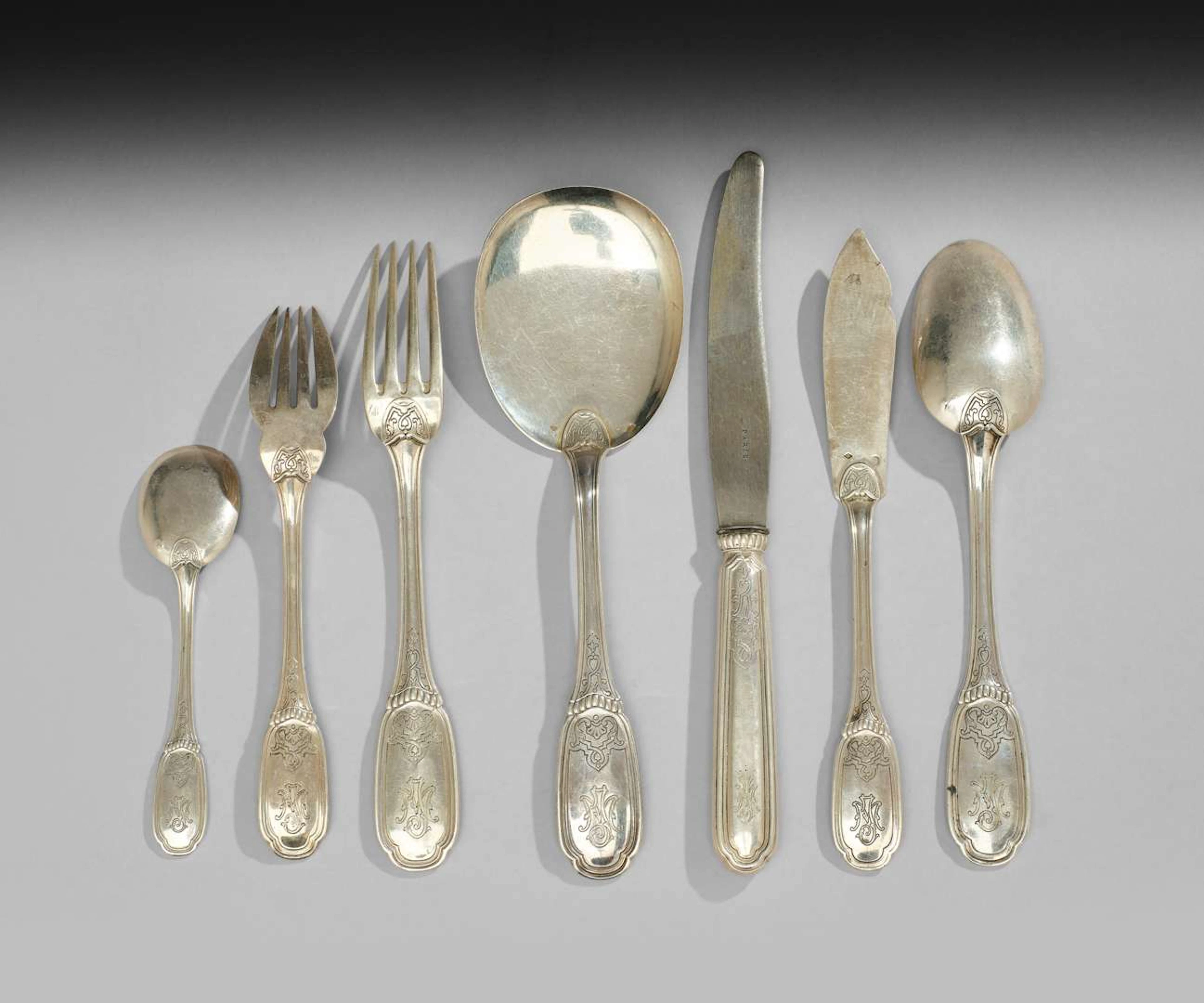 LAPARRA AND GABRIEL, A set of silver kitchen utensils in the Regency
