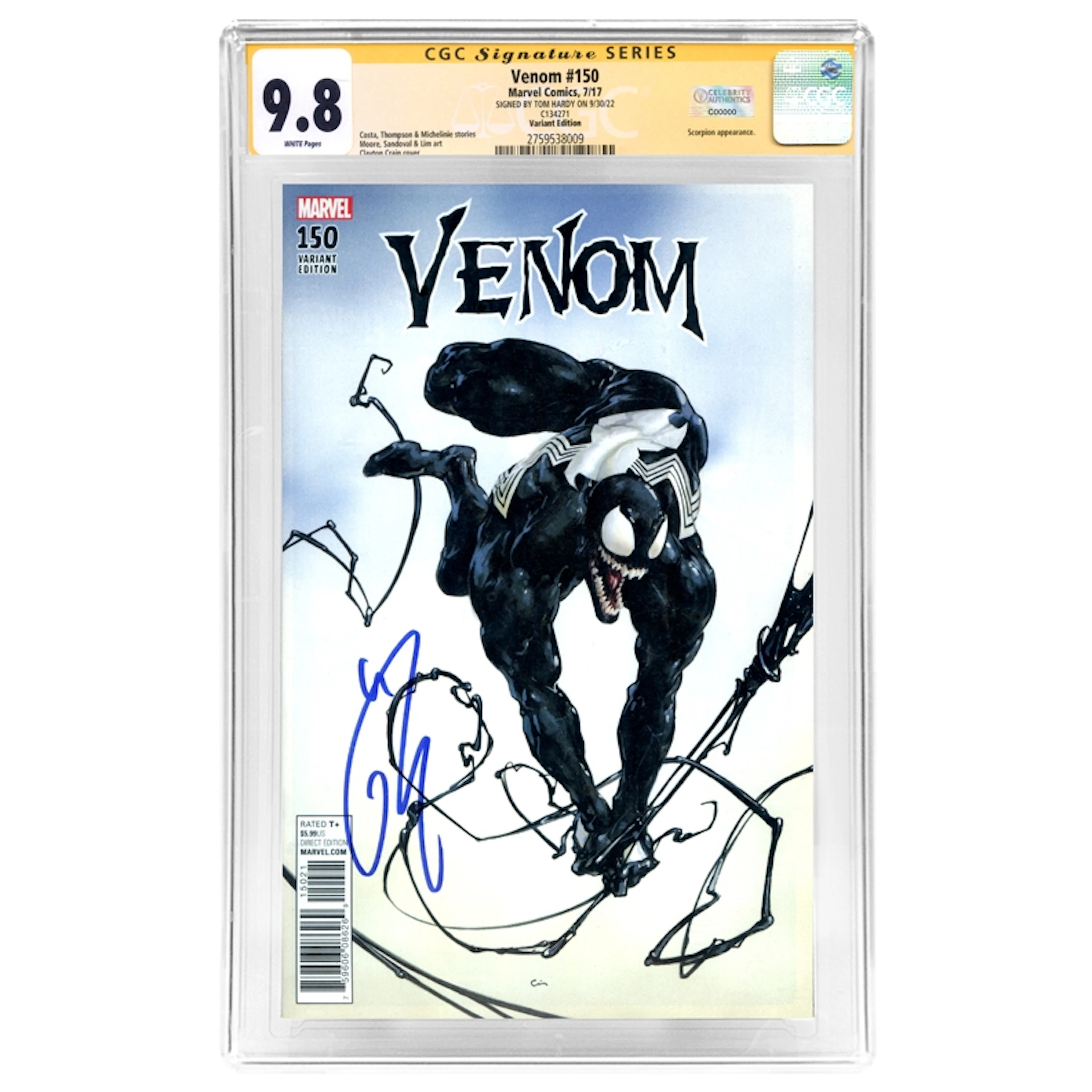 Tom Hardy Autographed 2017 Venom #150 Crain Variant CGC SS 9.8, All
