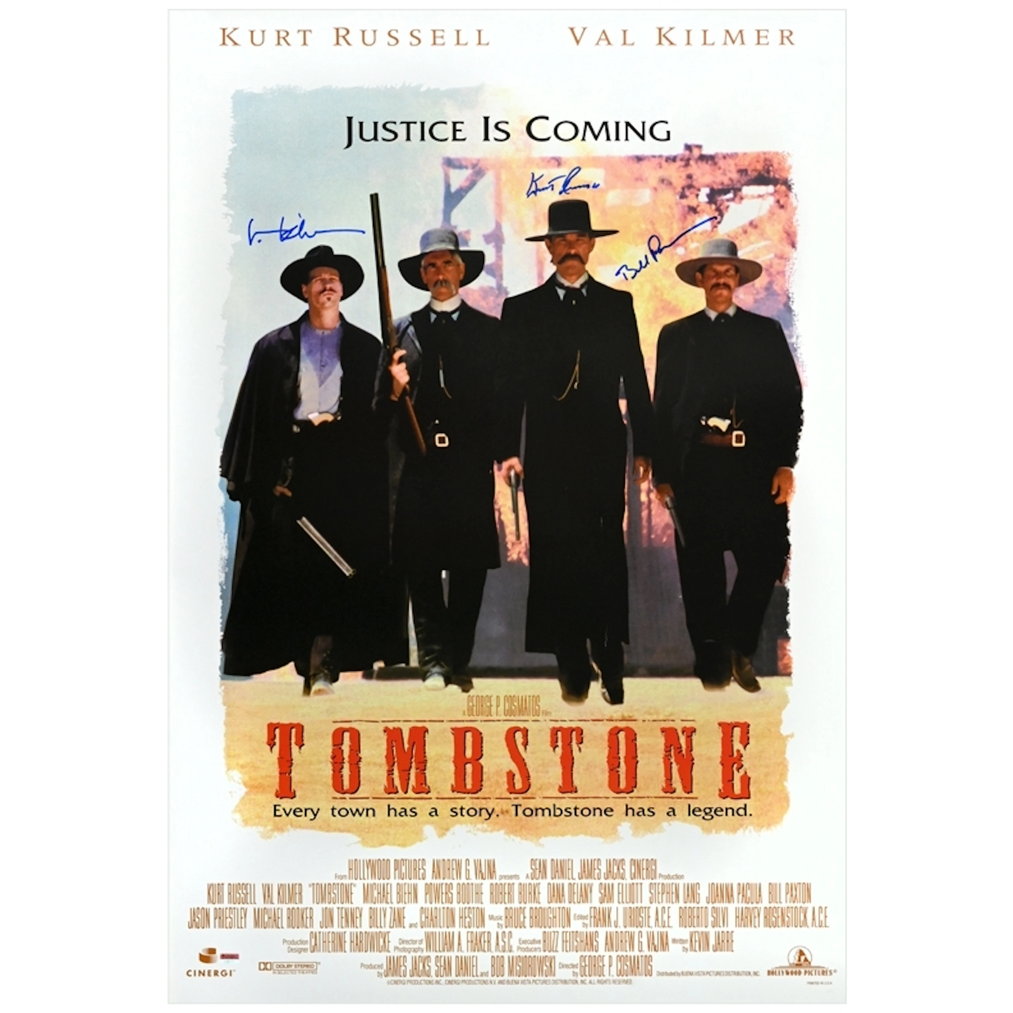 Kurt Russell, Val Kilmer, Bill Paxton Autographed 1993 Tombstone 27x39