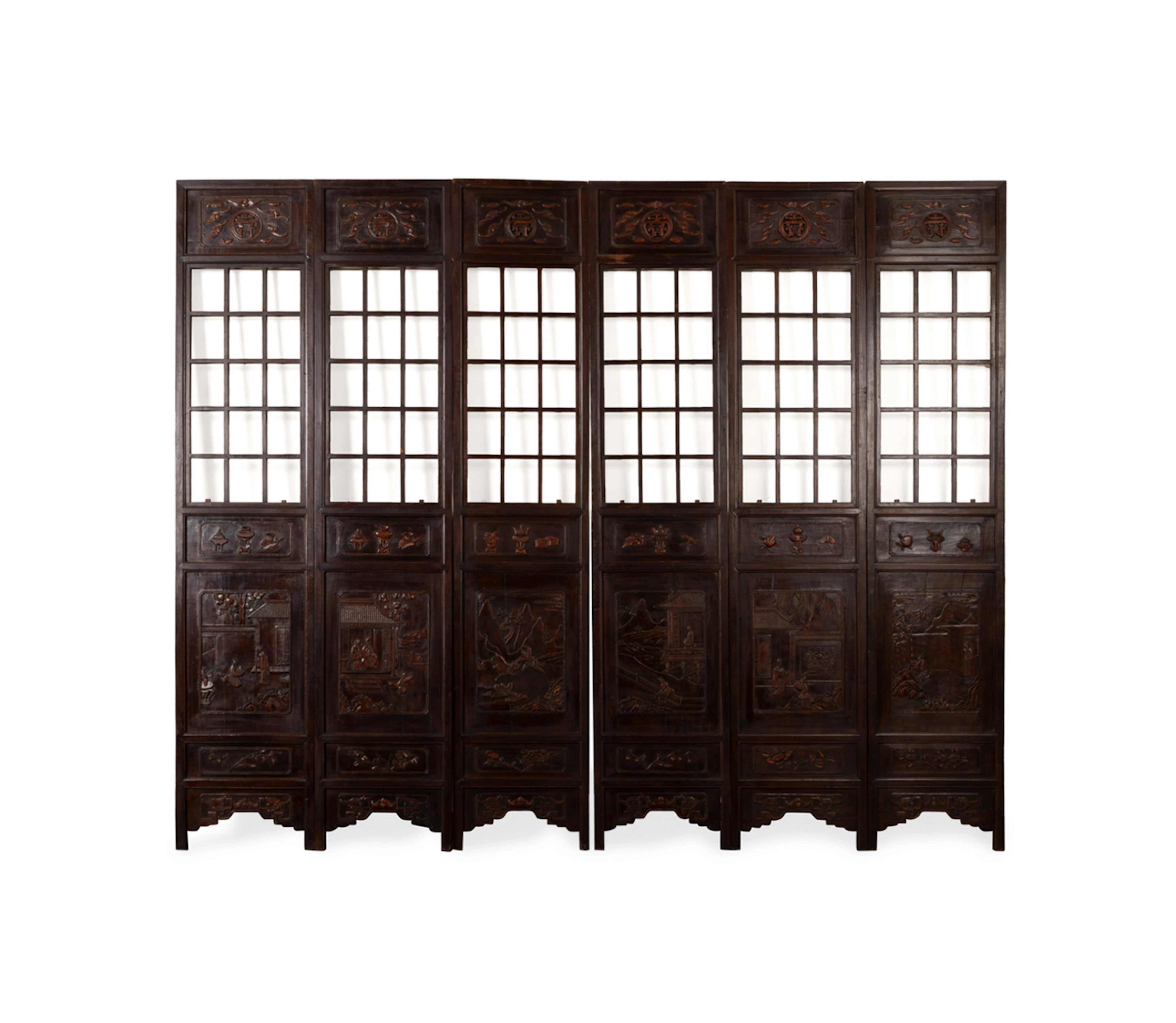 19th C. Chinese Six Panel Carved Wood Screen