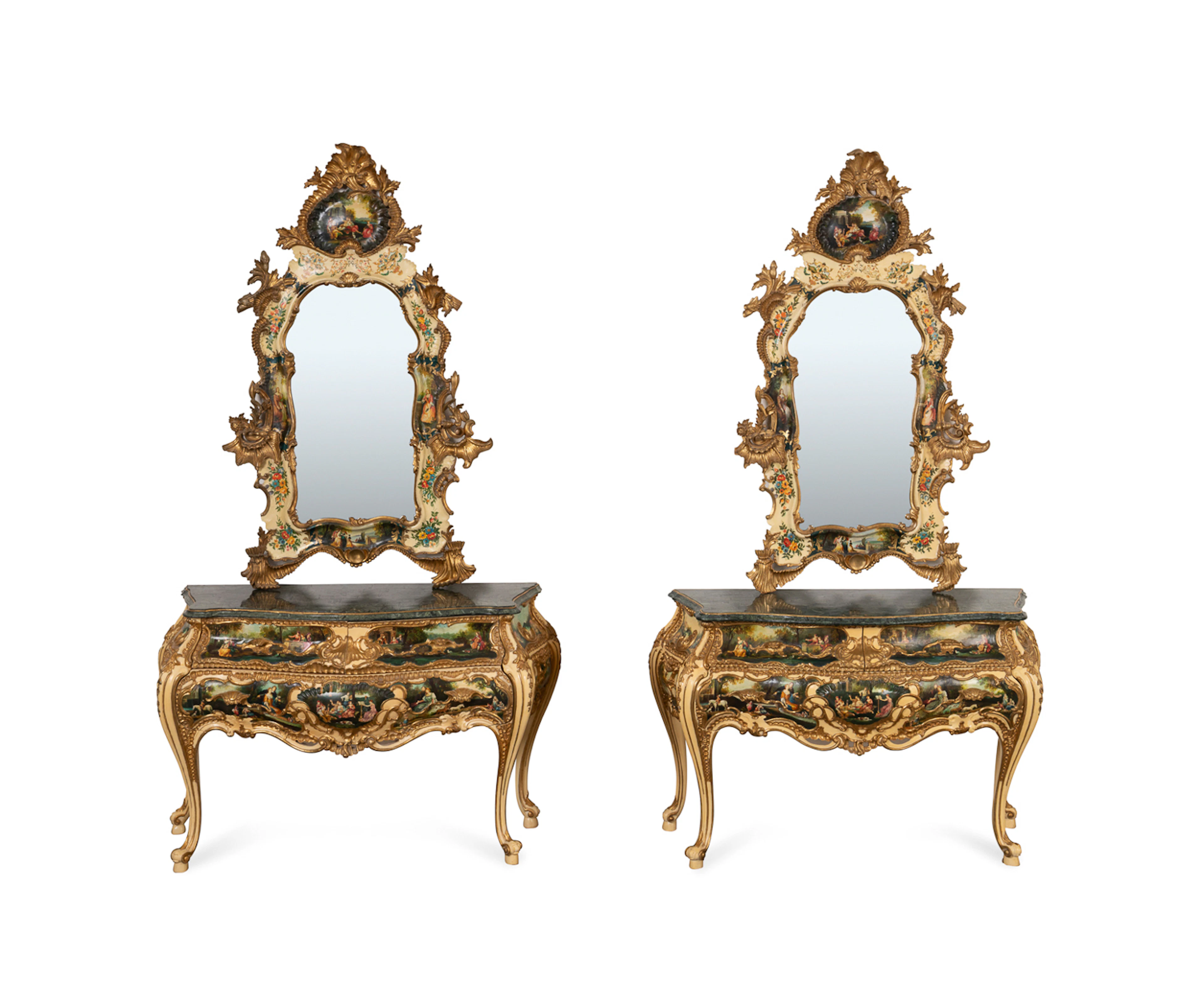 Pair of Rococo Style Painted Mirrors & Commodes
