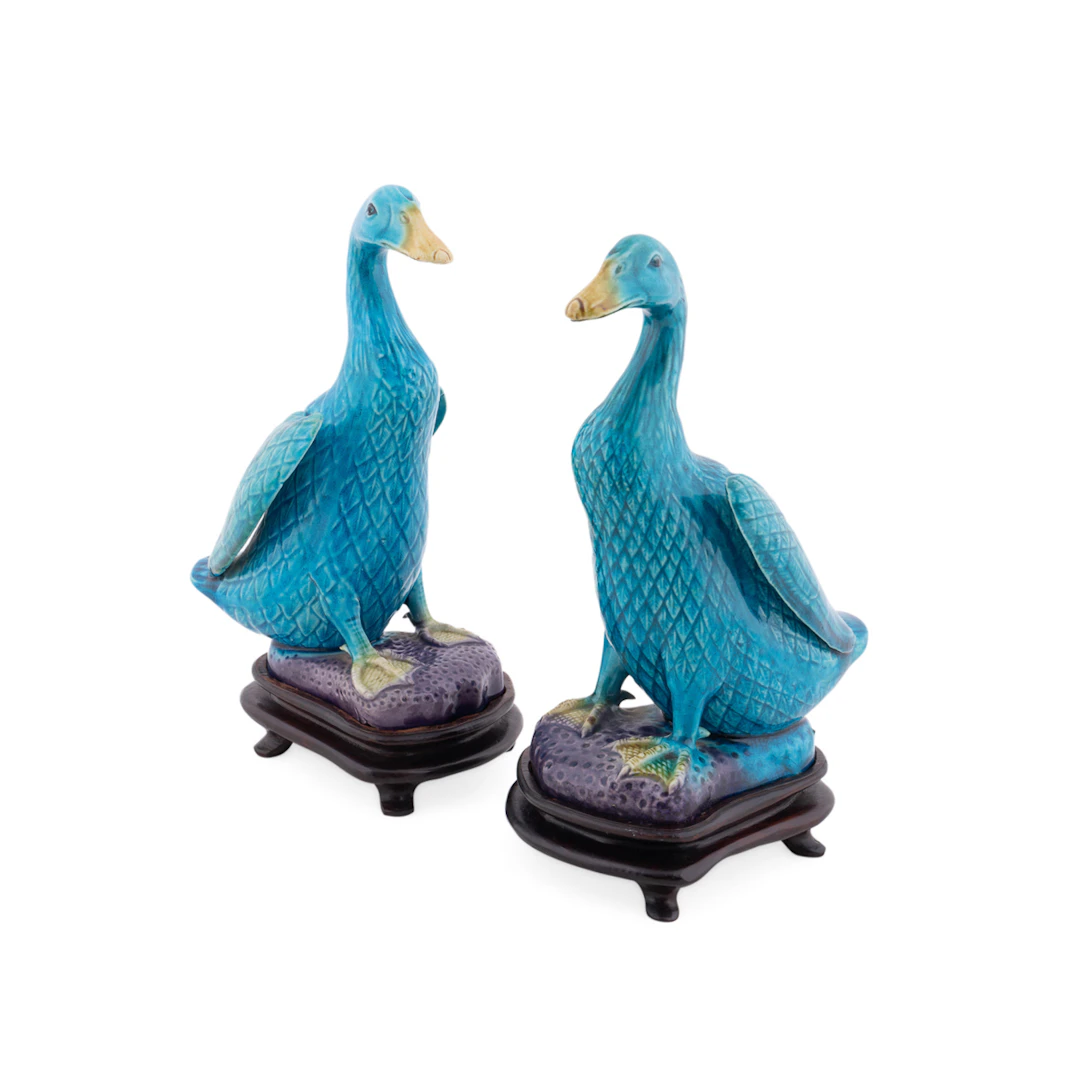Pair of Chinese Tricolor Duck Figurines on Stands