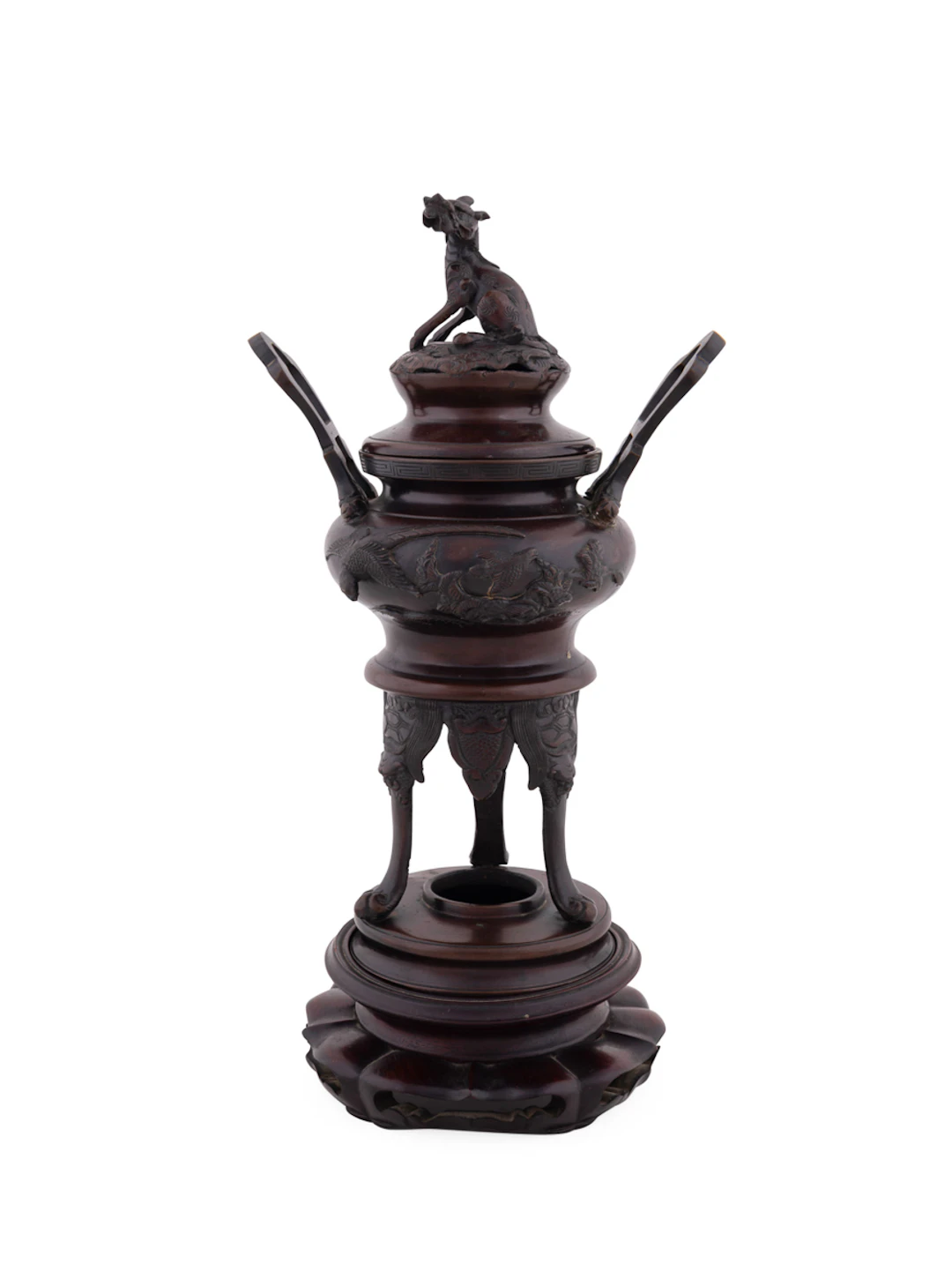 Japanese Foo Dog Finial Bronze Censer on Stand