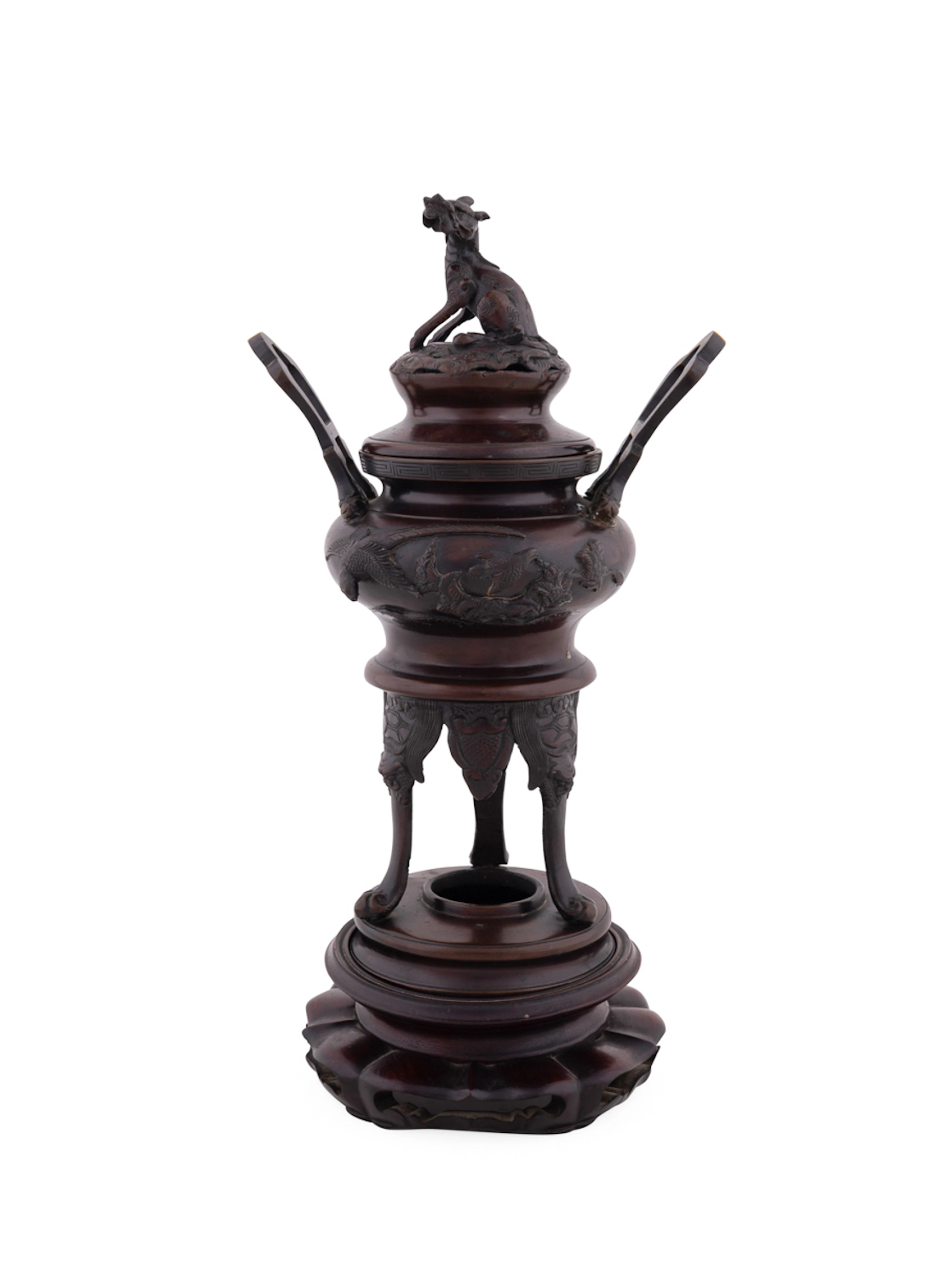 Japanese Foo Dog Finial Bronze Censer on Stand