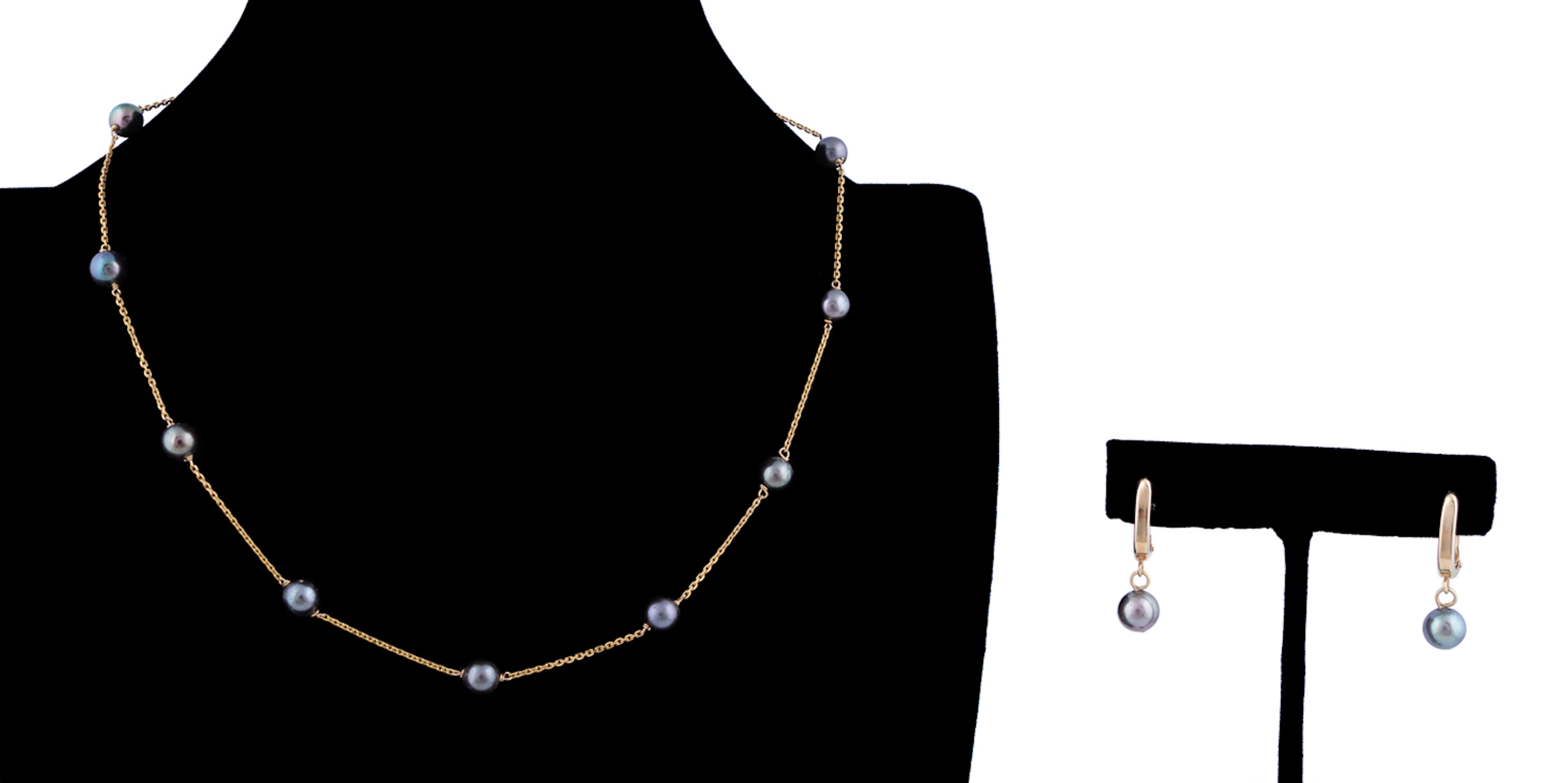 Three Piece Black Pearl Jewelry Set in 14K YG