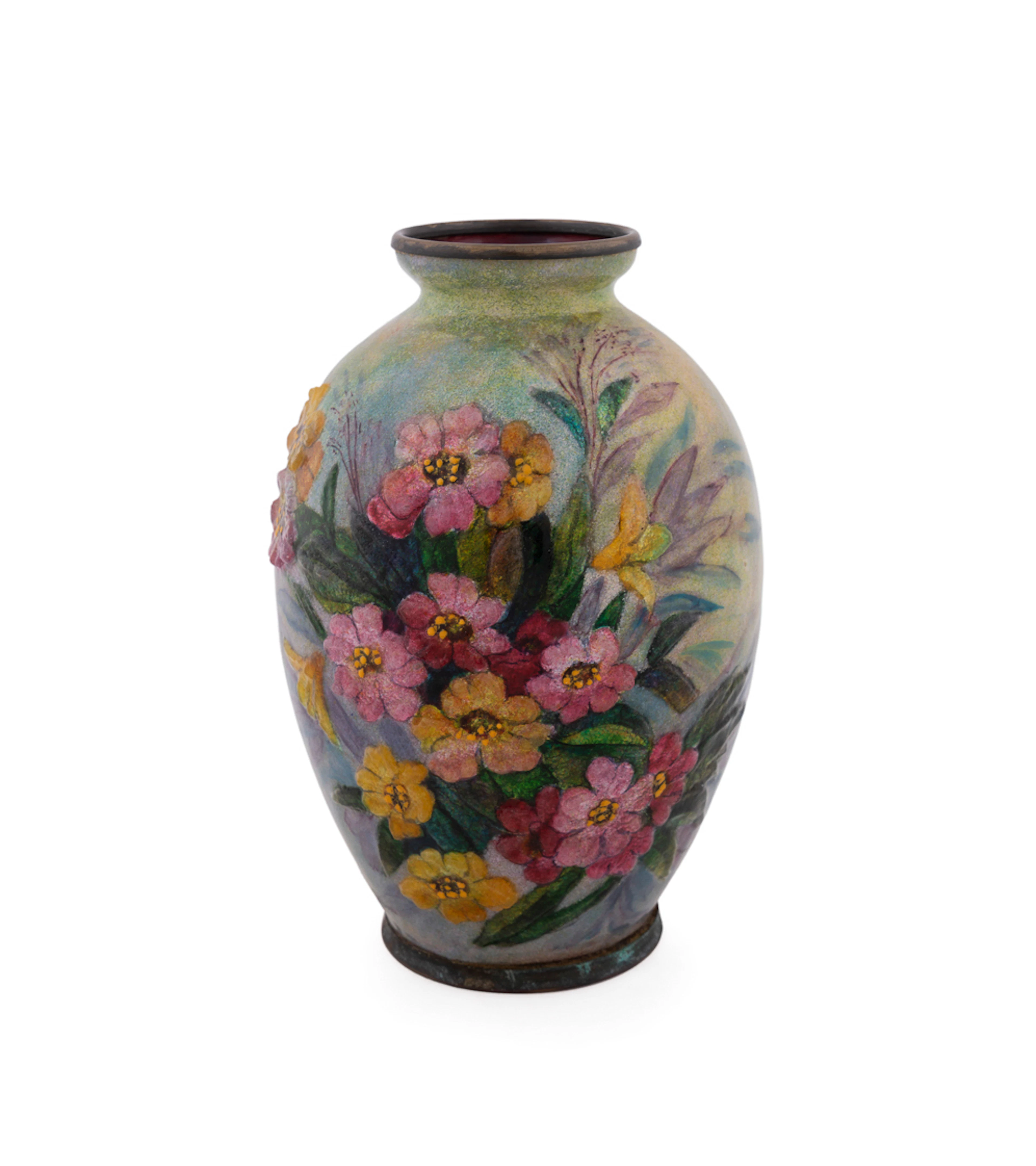 Camille Faure, Enamel Floral Green Ground Vase