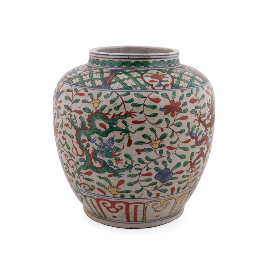 Chinese Red & Green Dragon Motif Porcelain Jar
