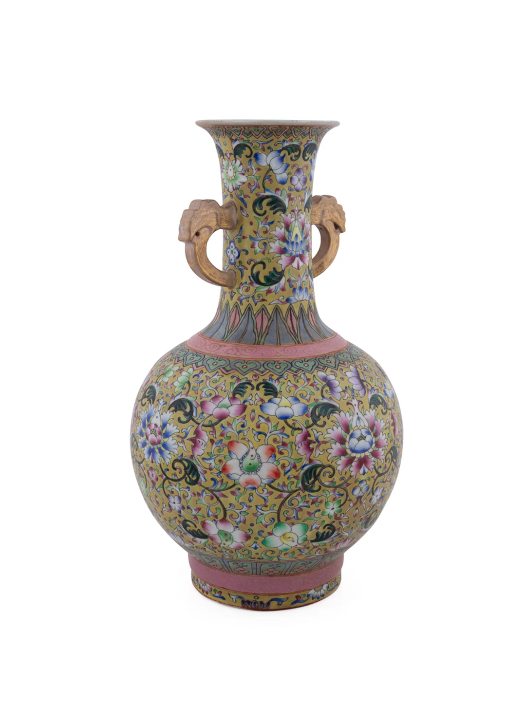 19th C. Famille Rose Scroll Handle Porcelain Vase