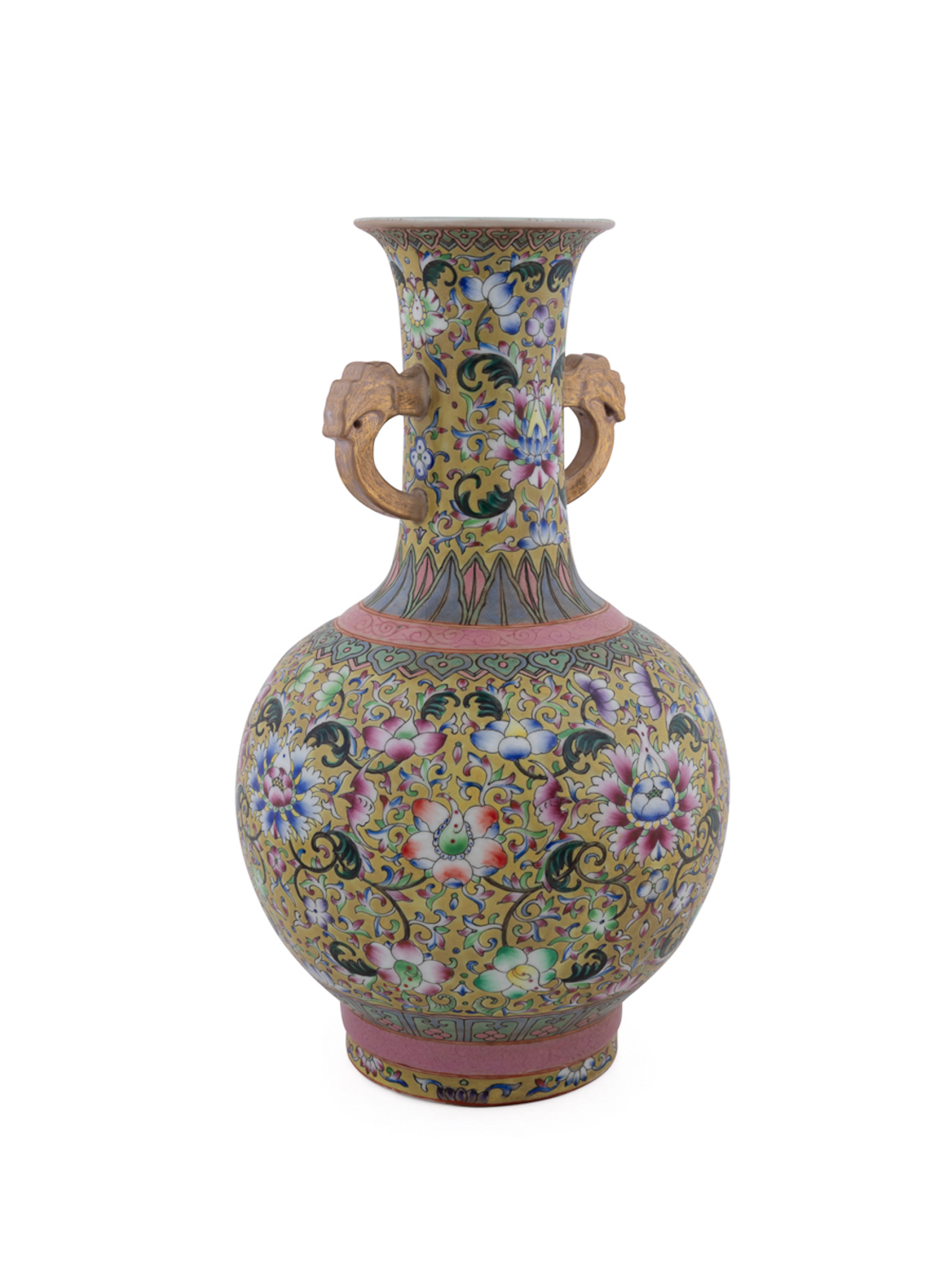 19th C. Famille Rose Scroll Handle Porcelain Vase