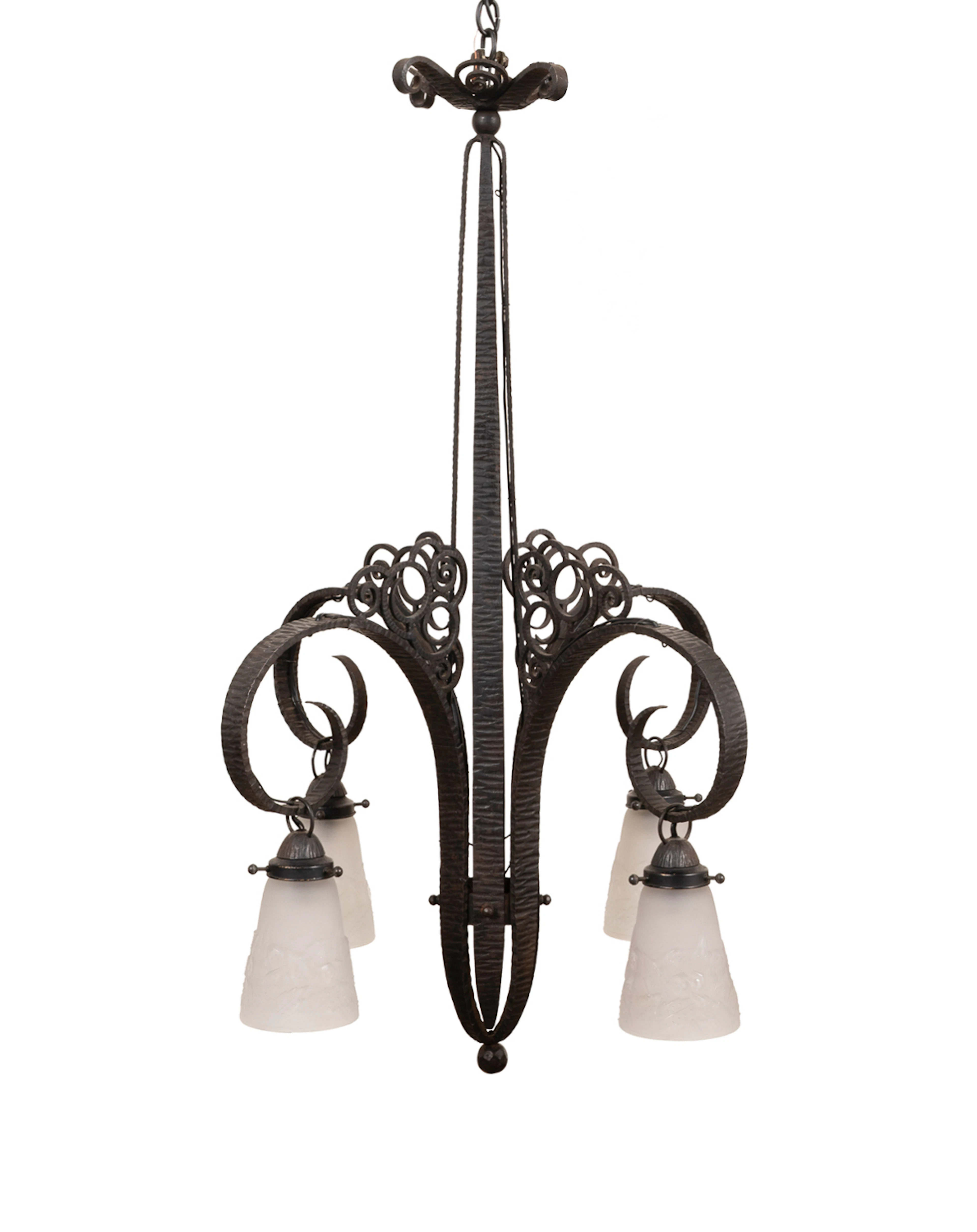 Muller Freres Iron & Frosted Glass Chandelier