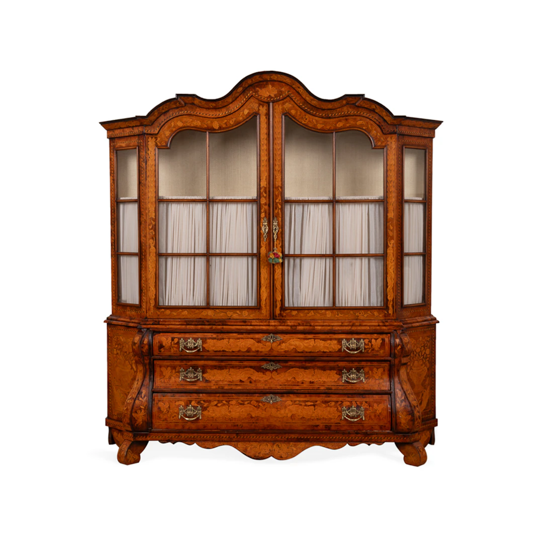 19th C. Baroque Marquetry Bombe Display Cabinet