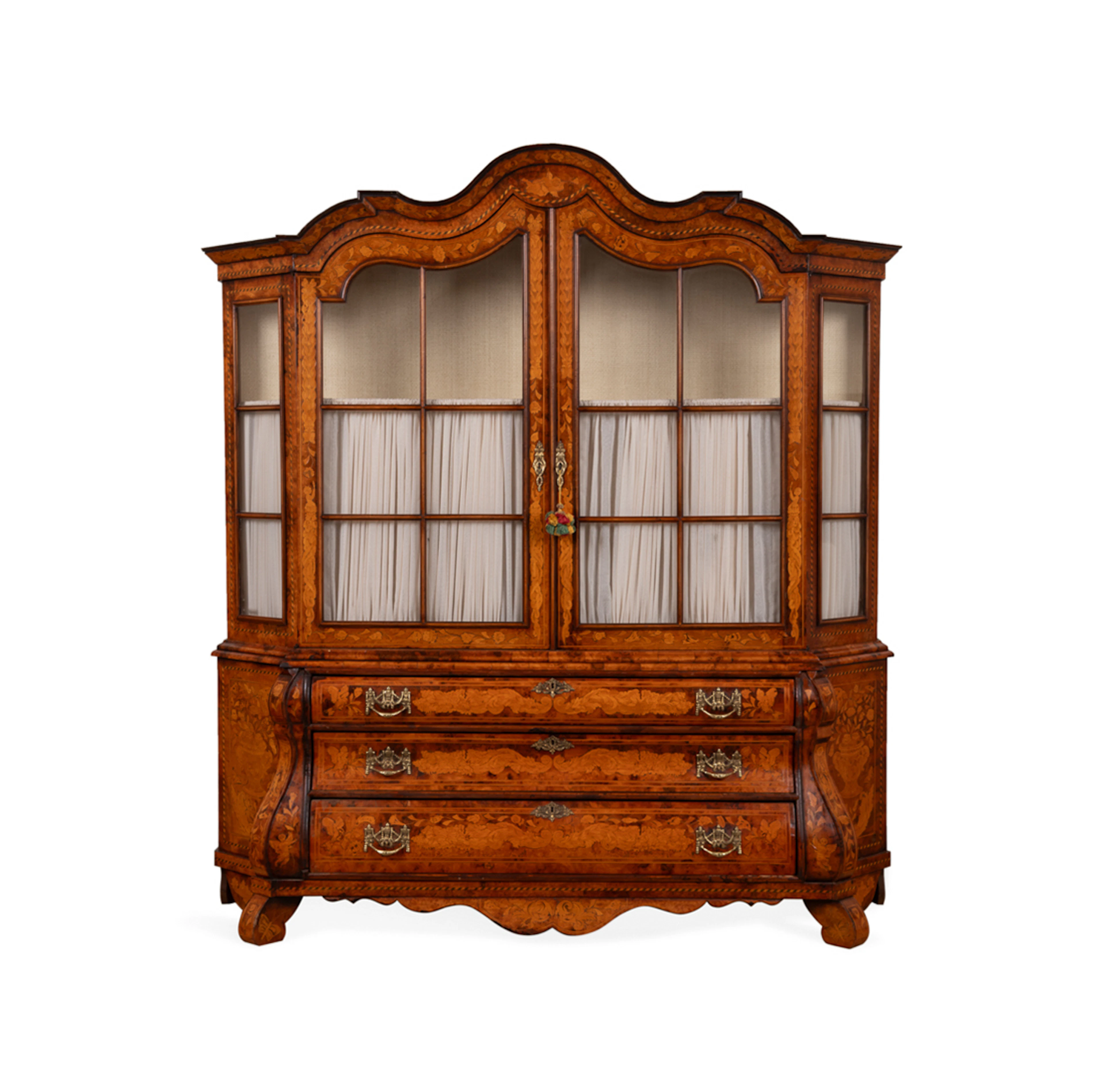 19th C. Baroque Marquetry Bombe Display Cabinet