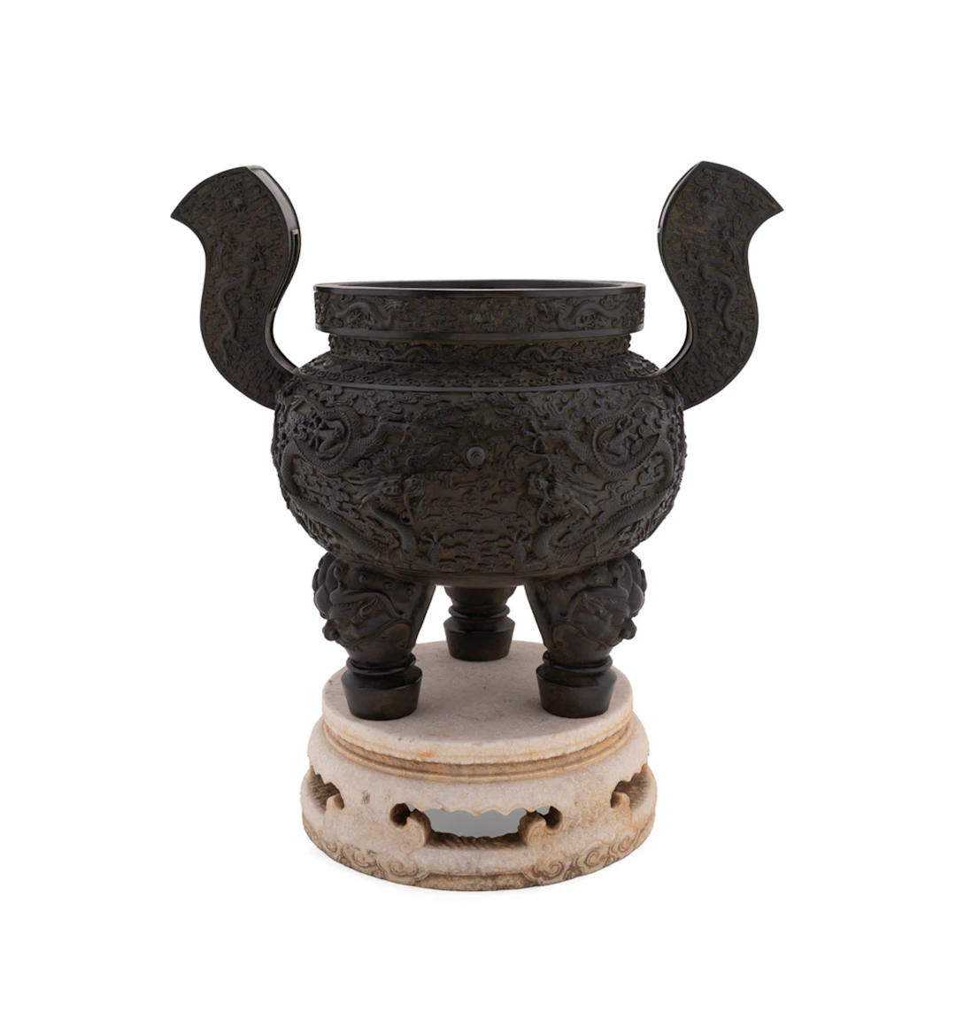 Chinese Ding Style Bronze Censer on Marble Base