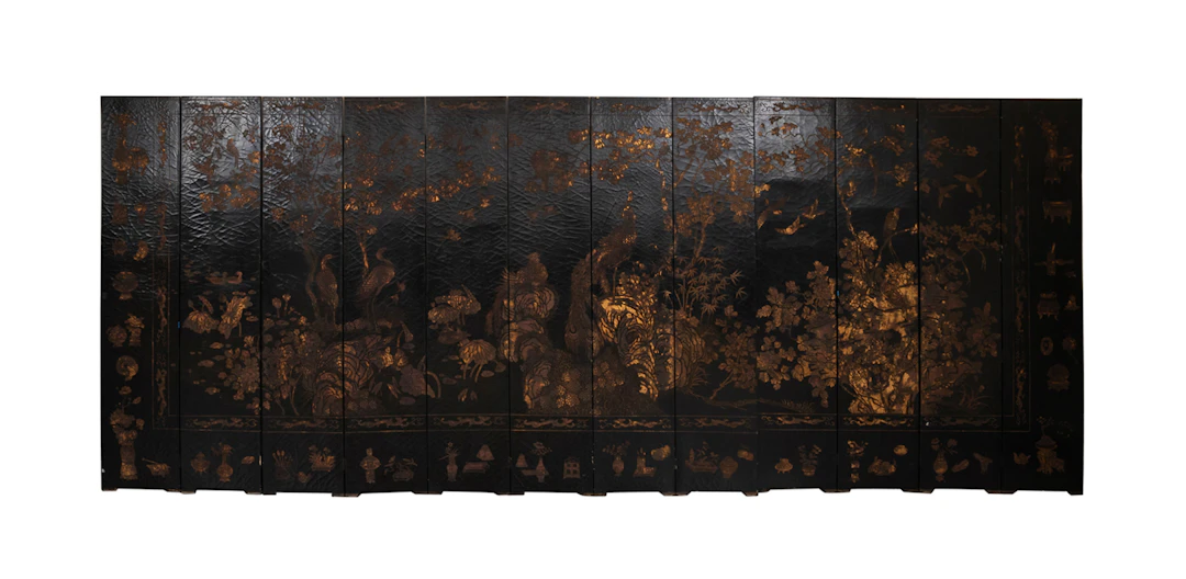Twelve Panel Black & Gold Lacquered Floor Screen