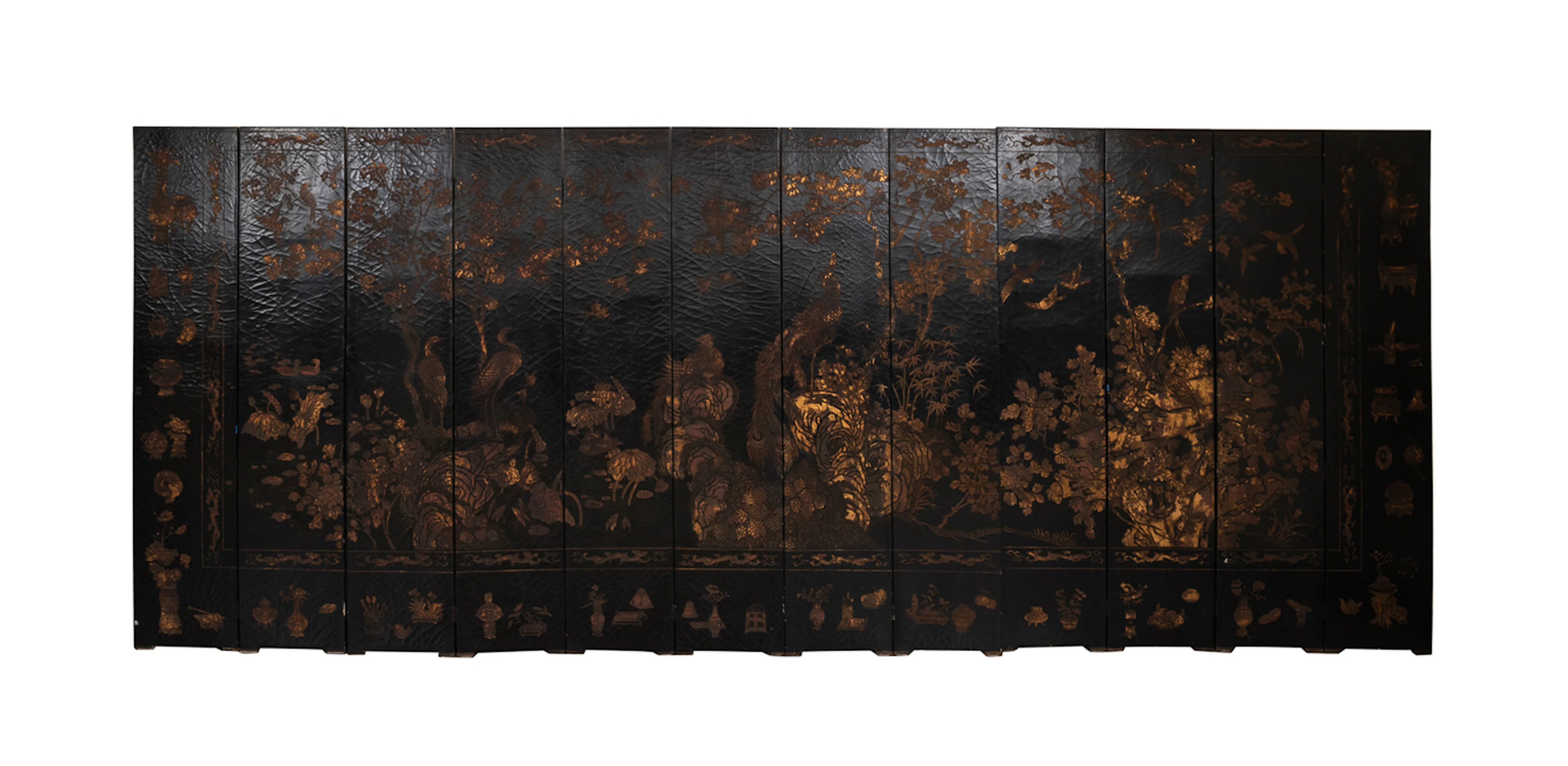Twelve Panel Black & Gold Lacquered Floor Screen
