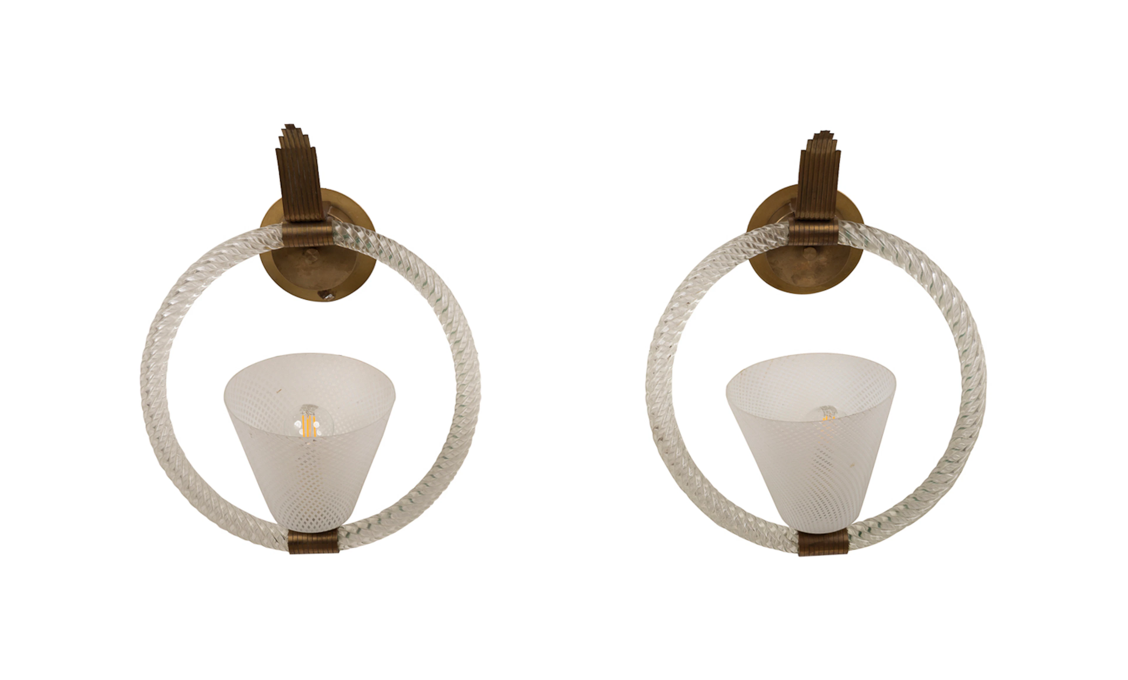 Pair of Venetian Murano Glass & Brass Sconces