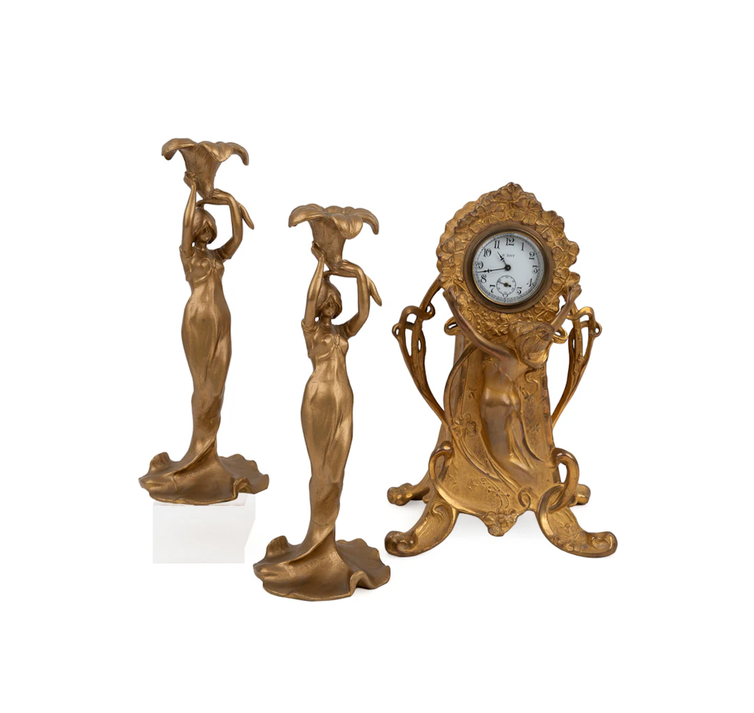 Art Nouveau Garniture Clock & Pr. of Candlesticks