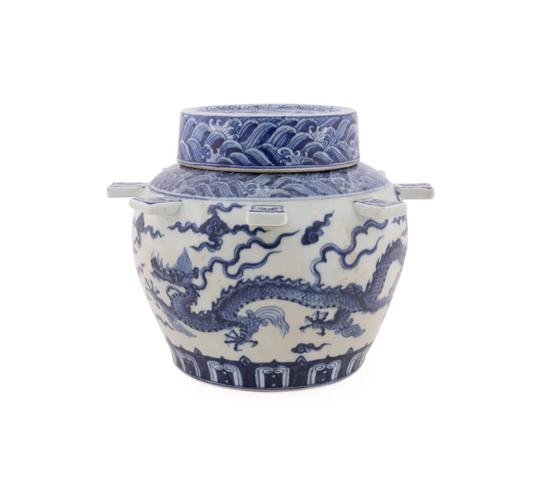 Ming Style Blue & White Dragon Motif Lidded Vessel