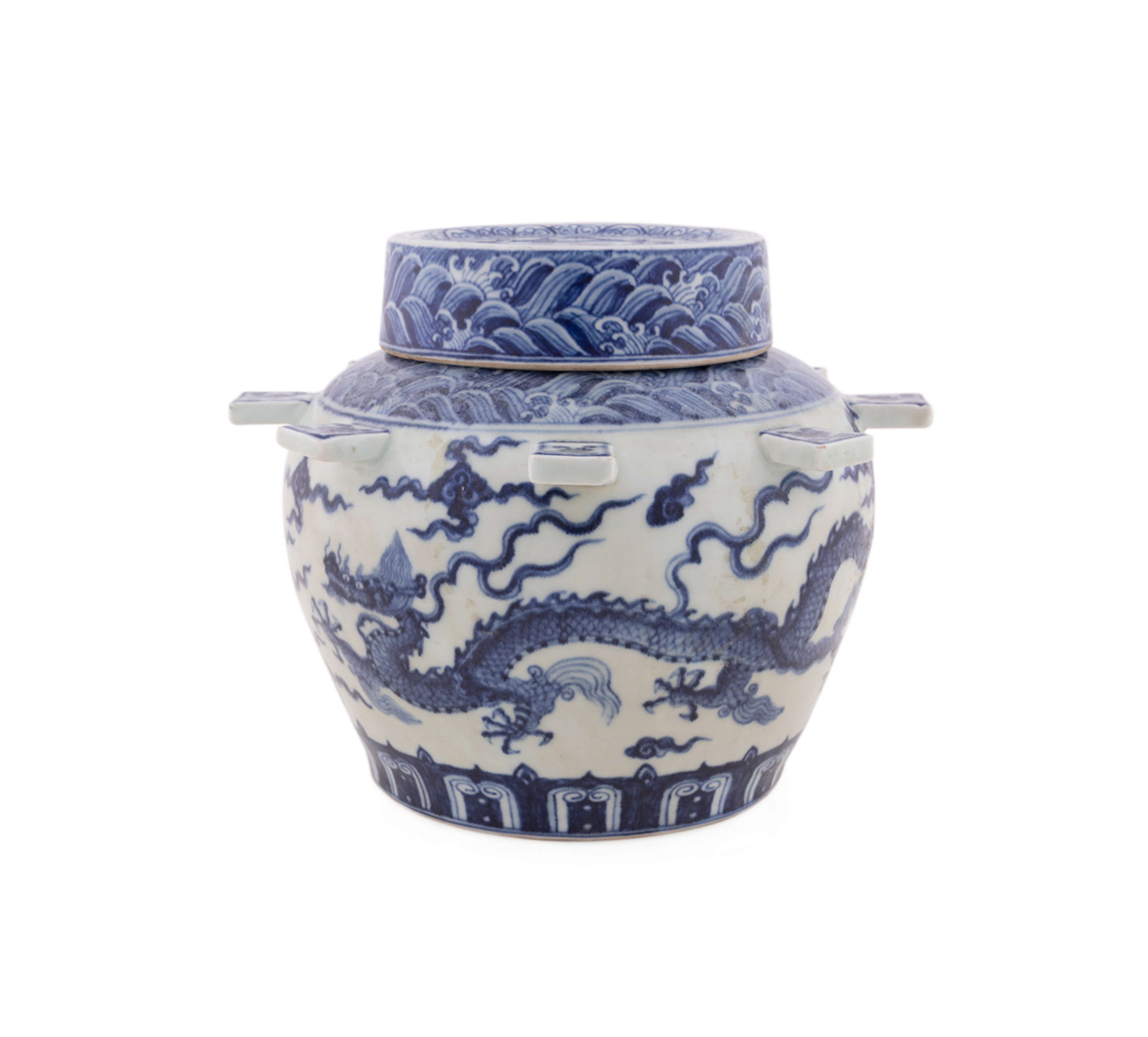 Ming Style Blue & White Dragon Motif Lidded Vessel