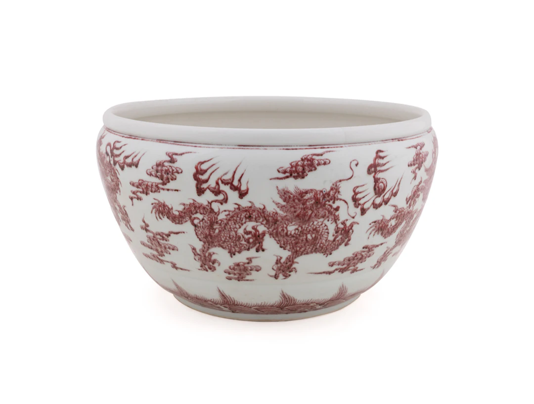 Chinese Red & White Dragon Motif Porcelain Basin