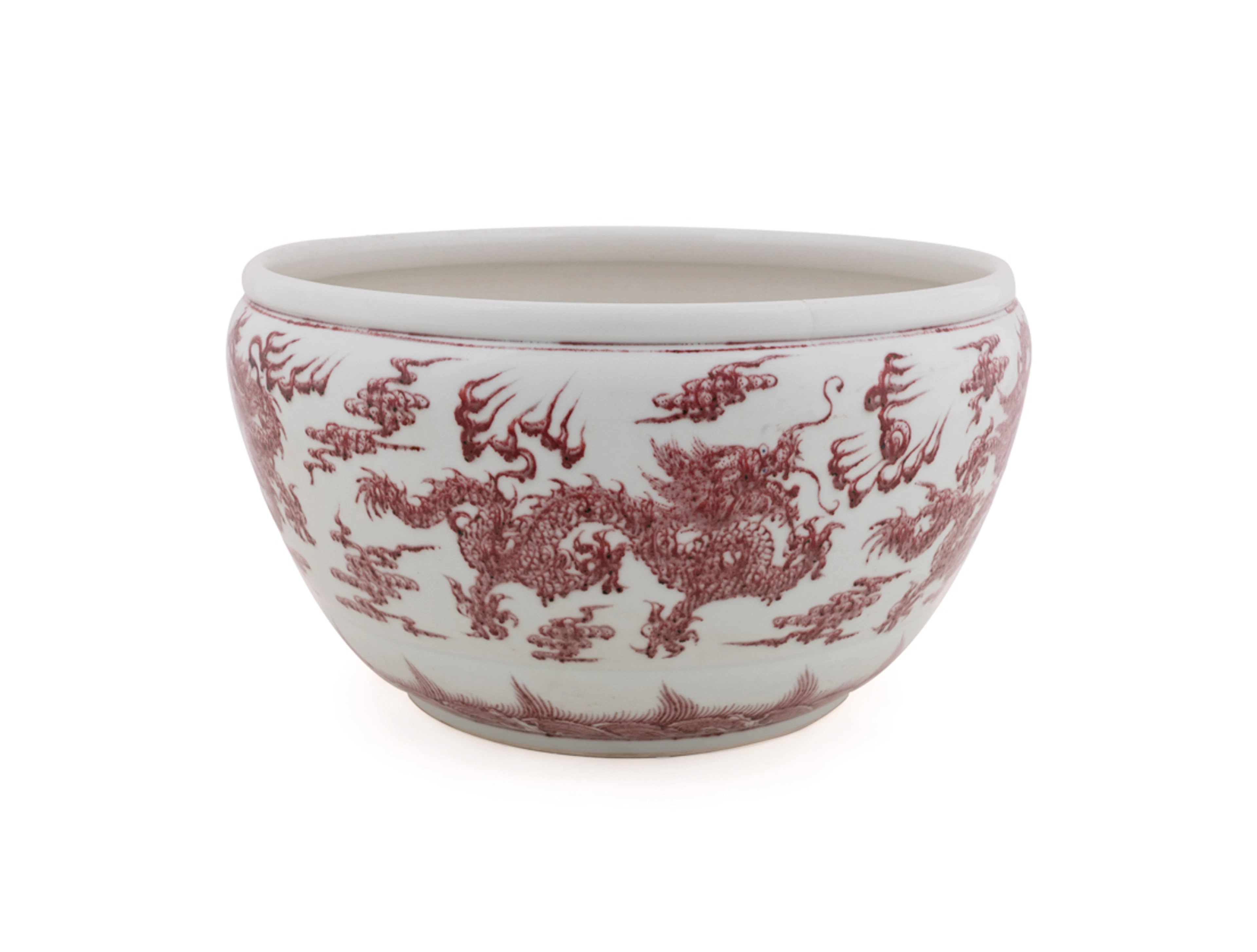 Chinese Red & White Dragon Motif Porcelain Basin