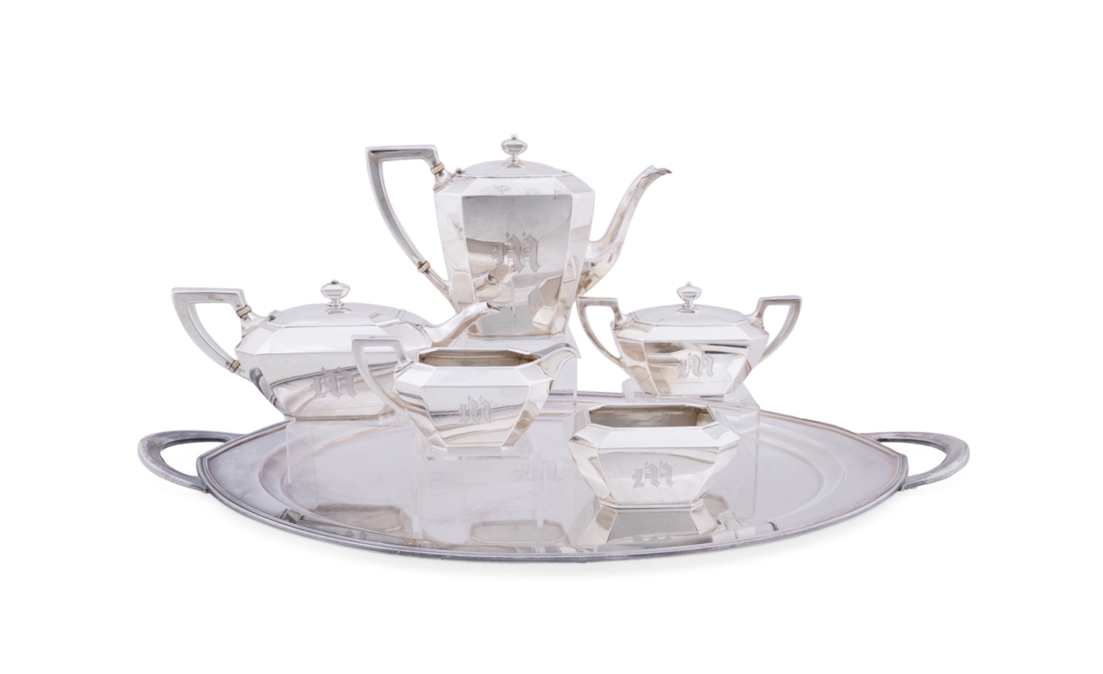 Durgin, 5 Piece "Fairfax" Sterling Tea Service & a Plated Tray, 20th