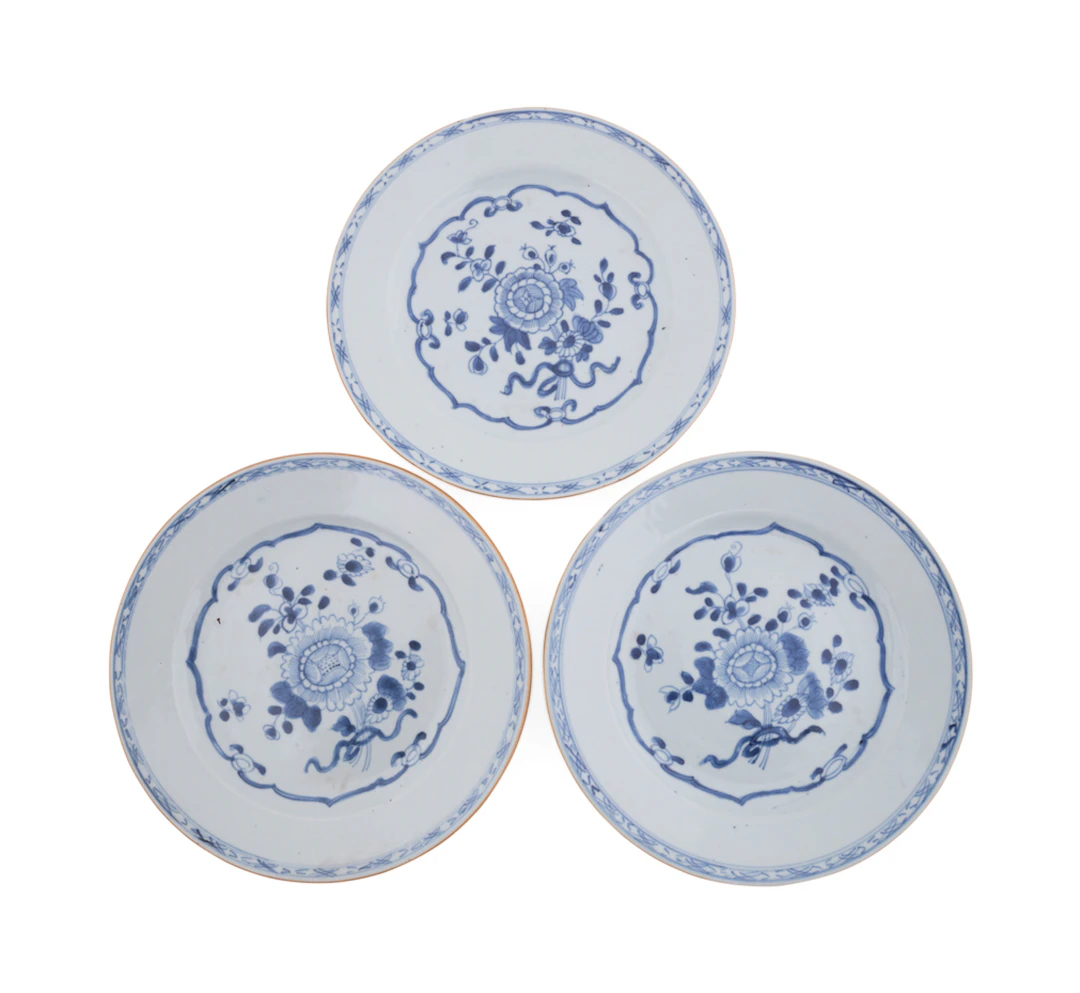 Three 18th C. Export Blue & White Porcelain Plates