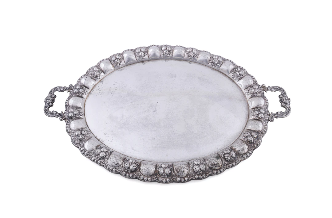 German Oval .985 Silver Repousse Tray