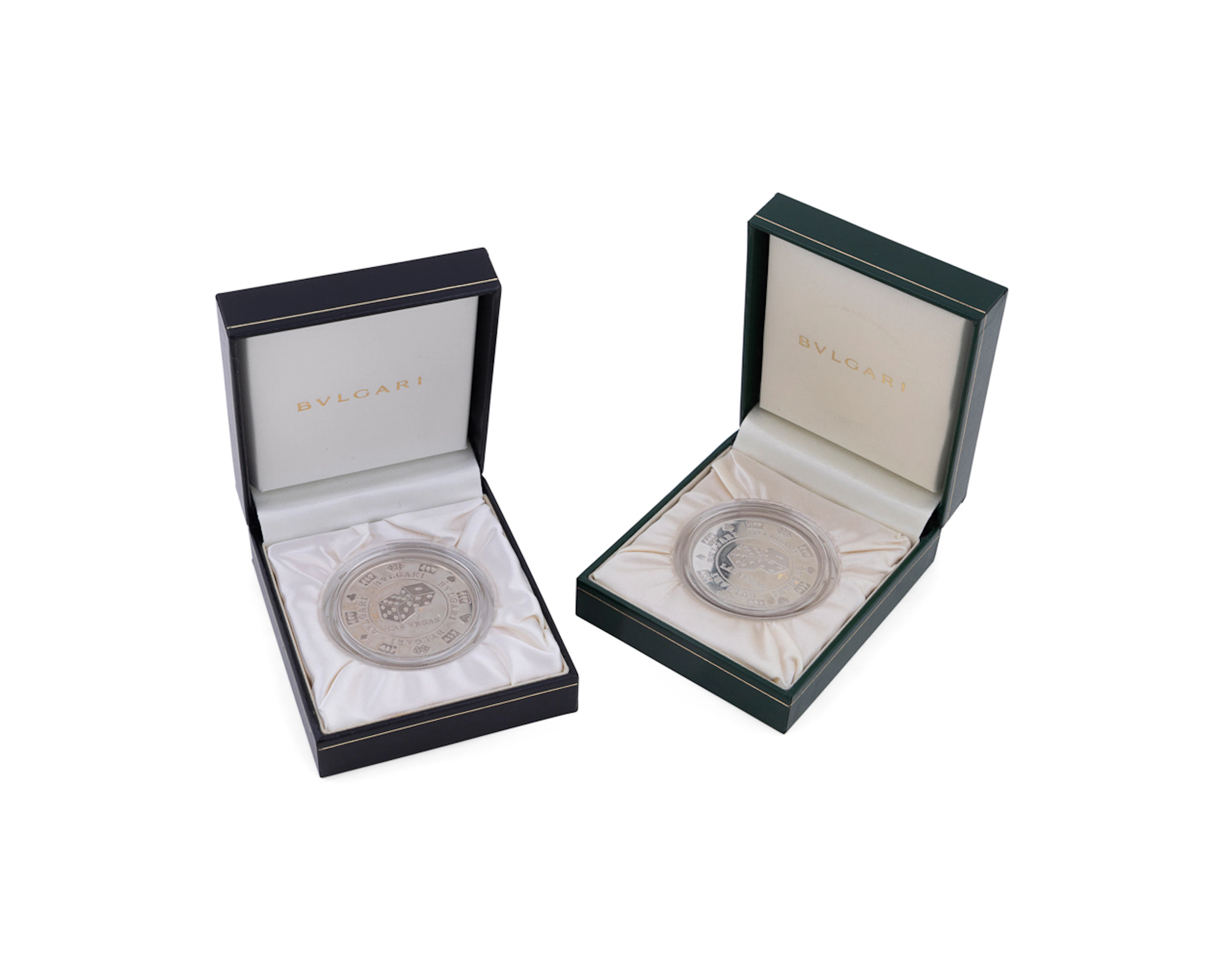 Pair of Bvlgari Sterling Casino Chip Paperweights